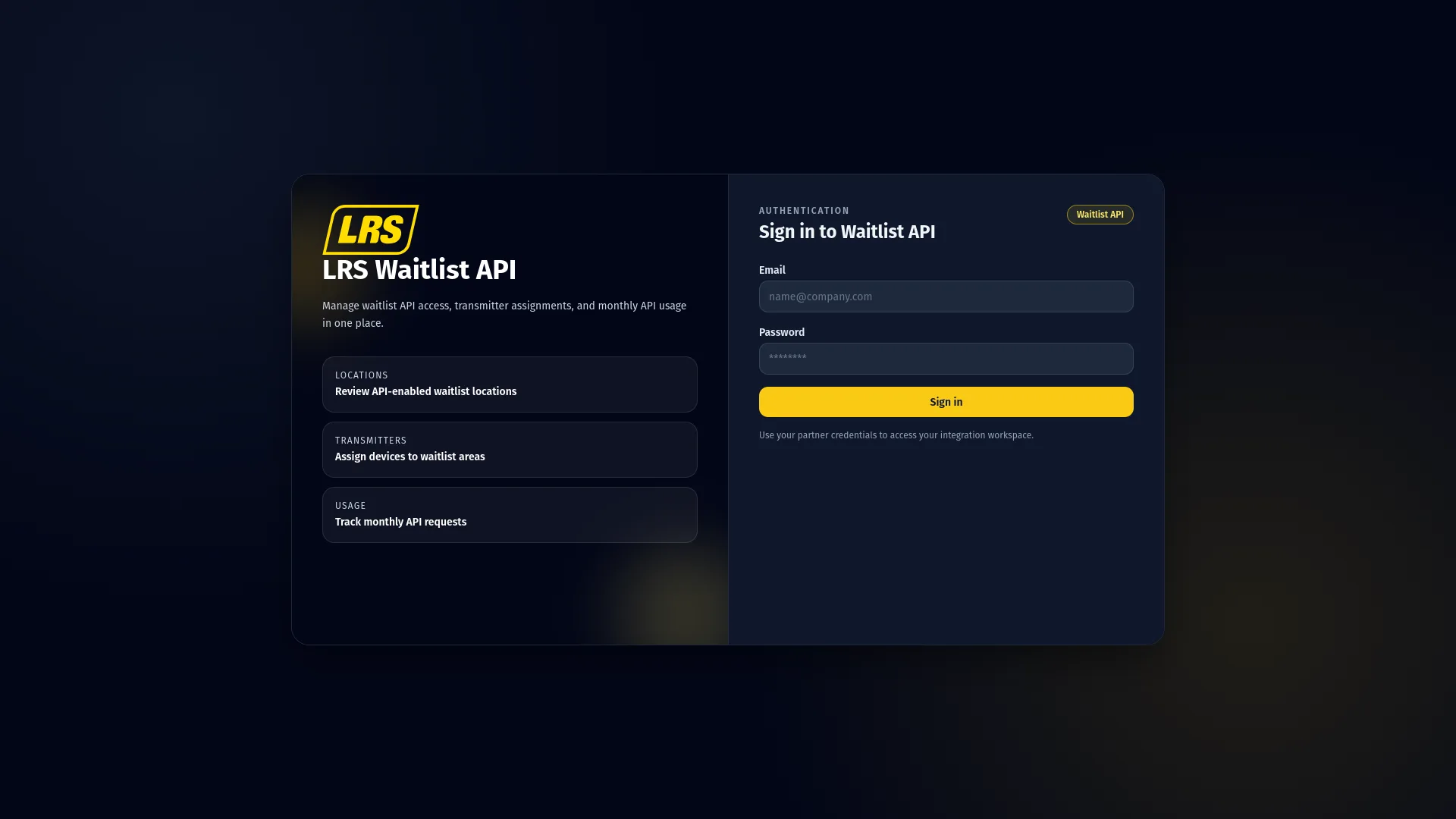 LRS Waitlist API sign-in screen with email and password fields and a feature summary on the left