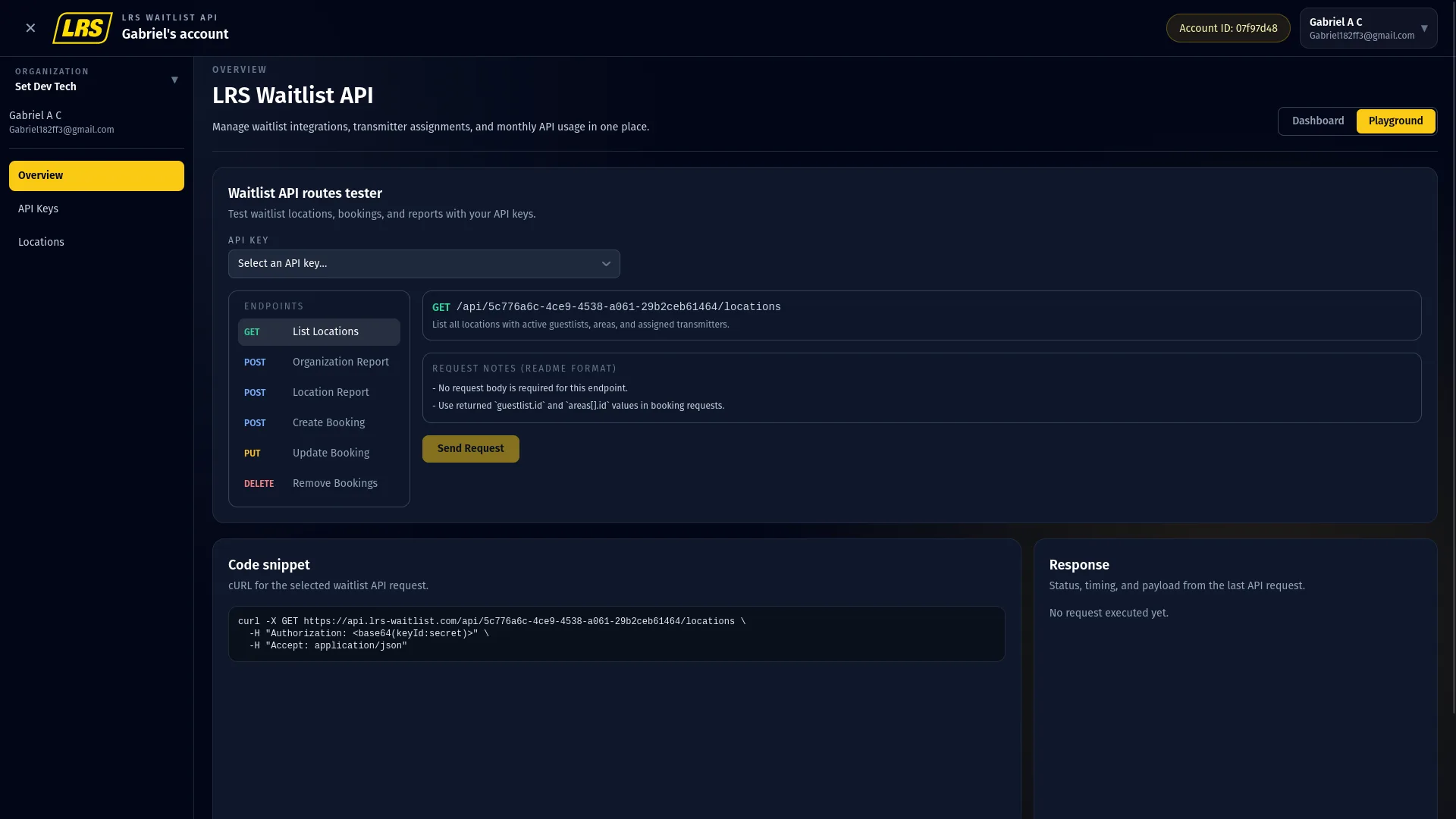 Playground with API key selector, reports, Create Booking, Update Booking, Remove Bookings, and a cURL template