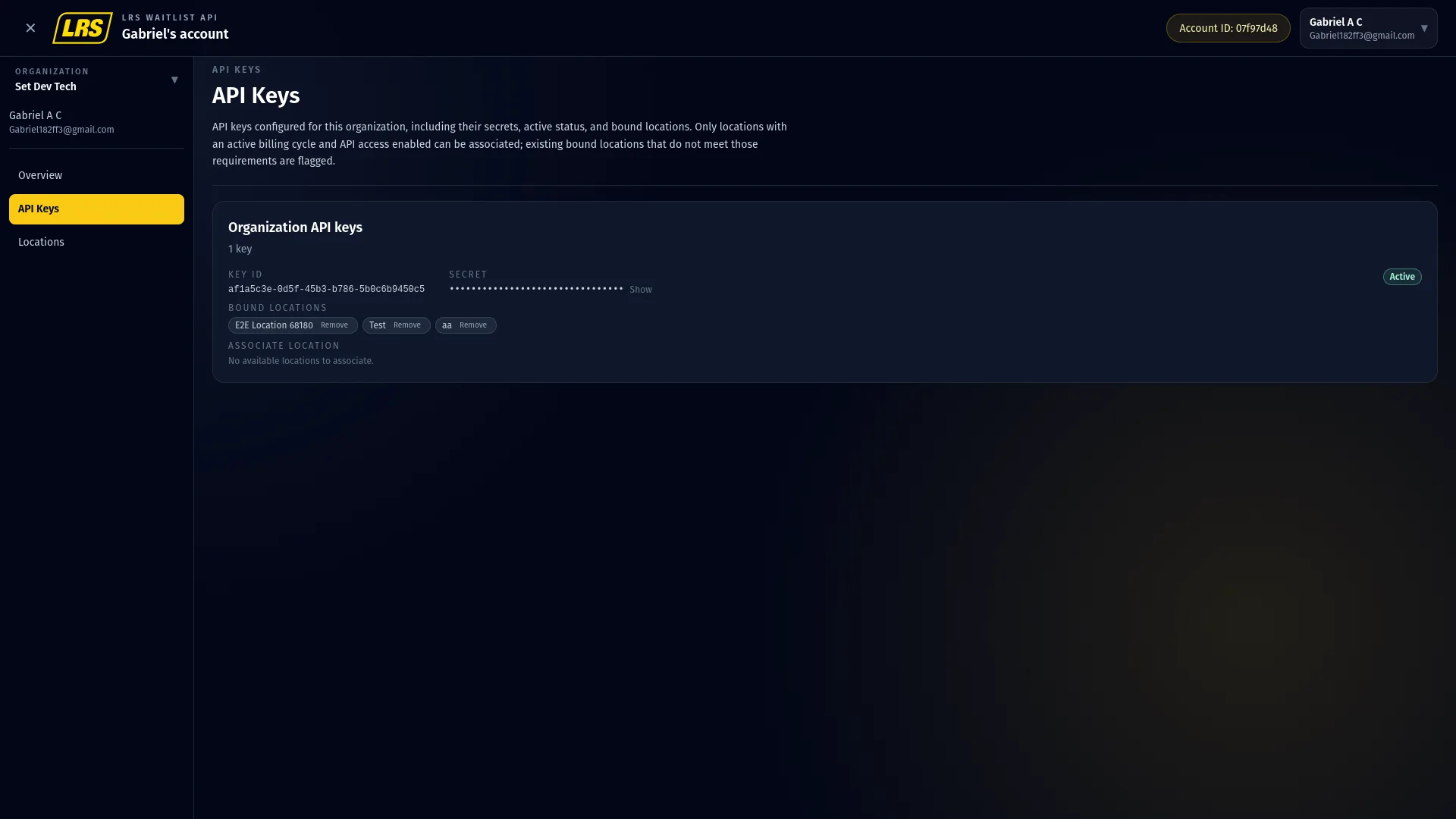 API Keys page with a masked active key and no additional eligible location available to associate