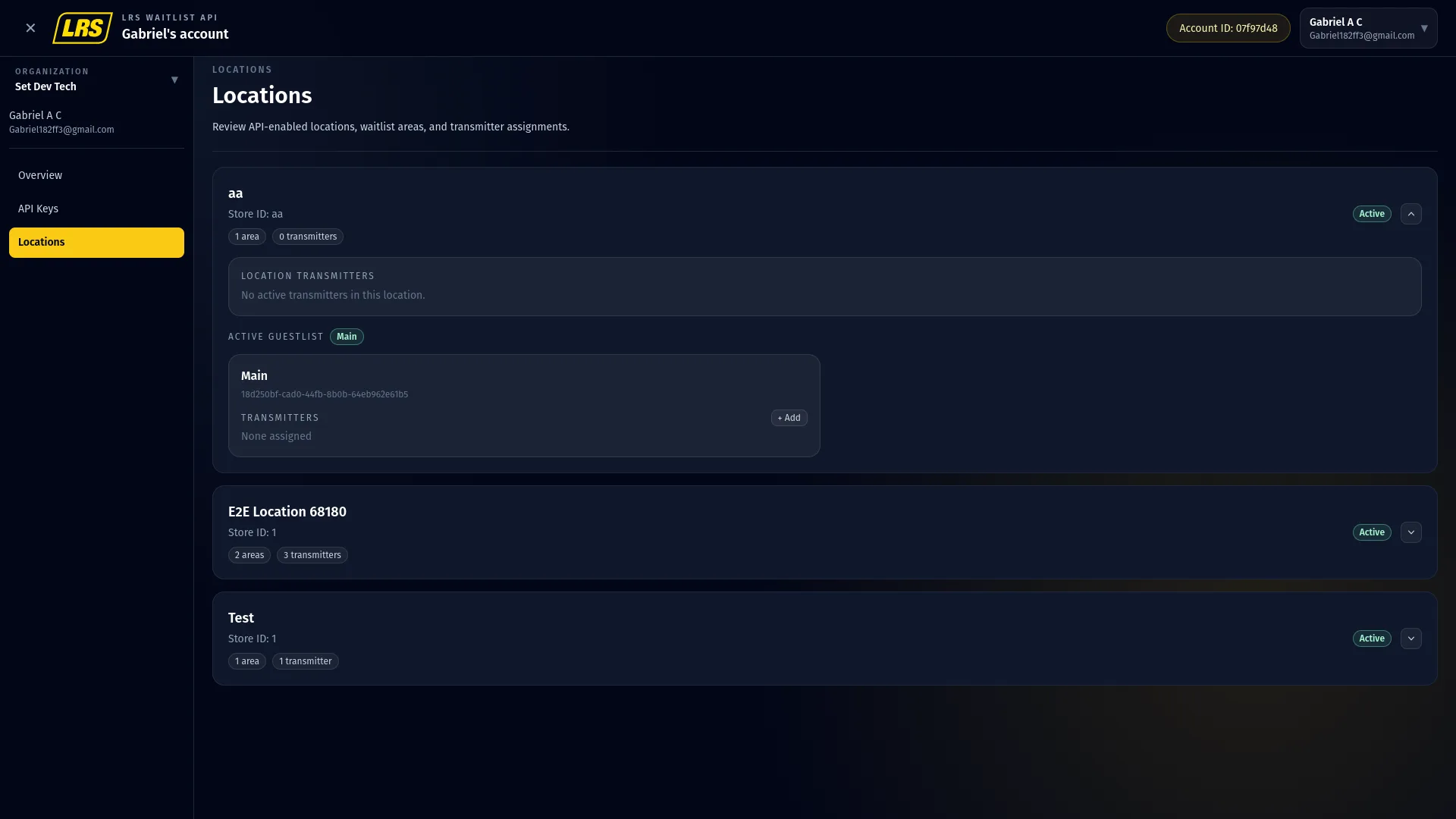 Locations page with API-enabled location cards and one expanded area configuration