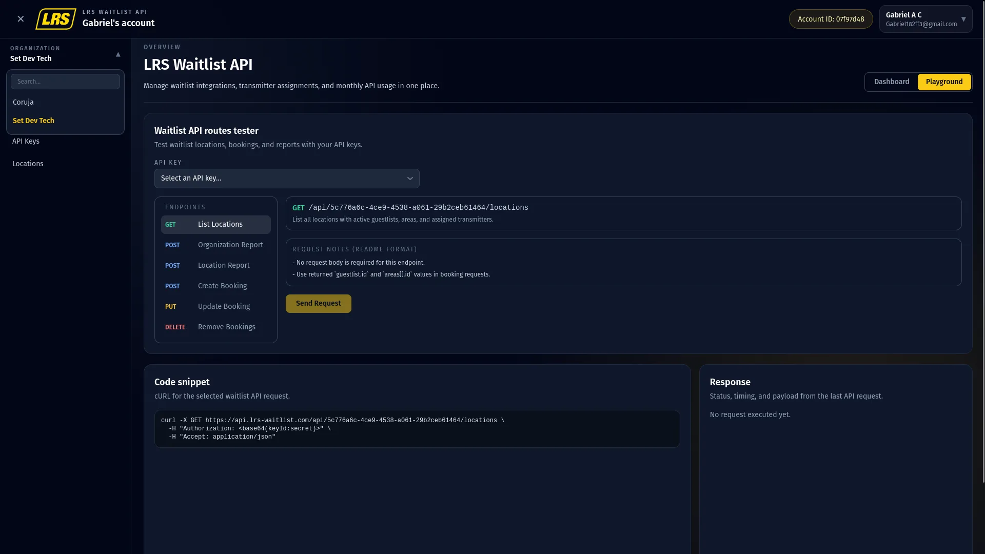 Playground showing the endpoint list and the Response panel on the right in a pending state before a request is sent