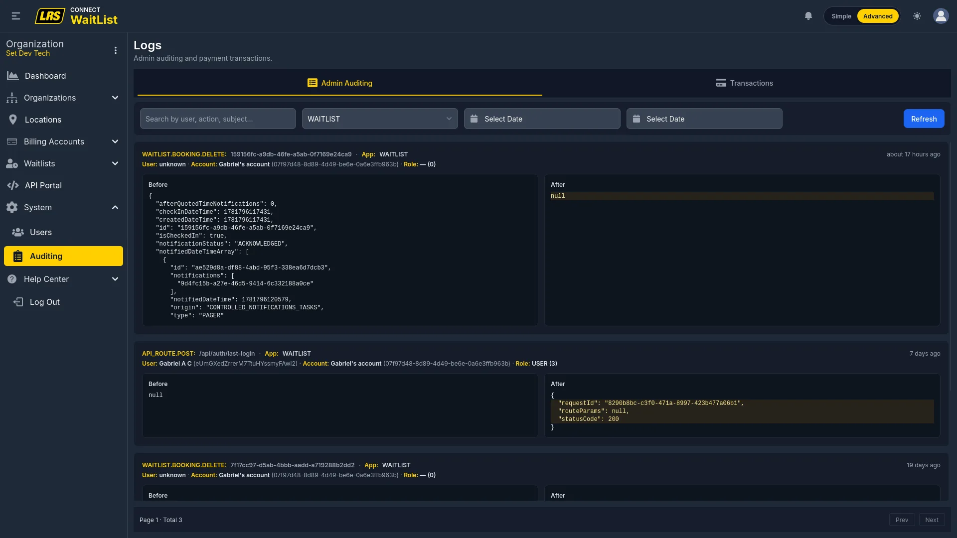 Admin Auditing tab with keyword search, application filter, date range, Refresh button, and a list of change records each showing who made the change, when, and what changed