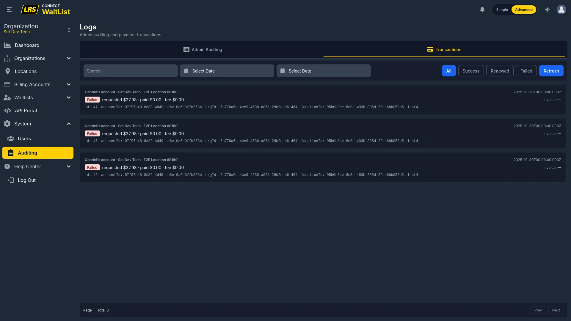 Transactions tab with search and date filters, status filter buttons, and billing entries each showing the location charged, date, status badge, and amounts