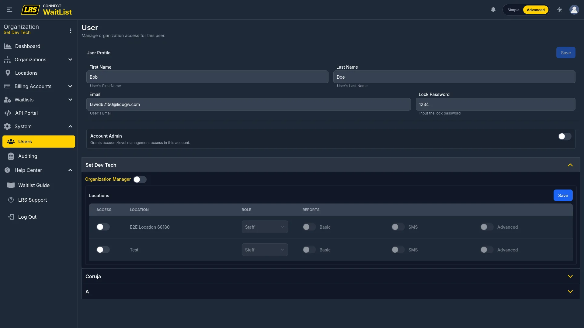 User edit page with User Profile section (First Name, Last Name, Email, Lock Password), Account Admin toggle, and per-organization sections each with an Organization Manager toggle and a Locations table with Access, Role, and Basic/SMS/Advanced report columns