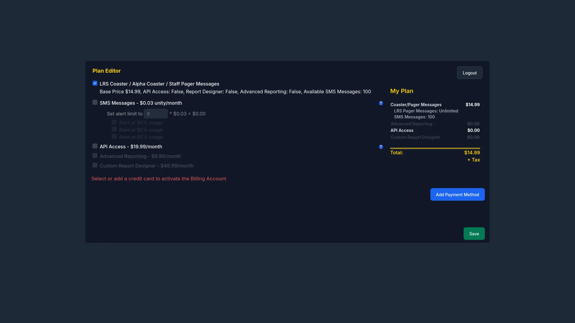 Plan Editor showing included pager service, optional SMS and API Access, a plan cost summary, and payment setup