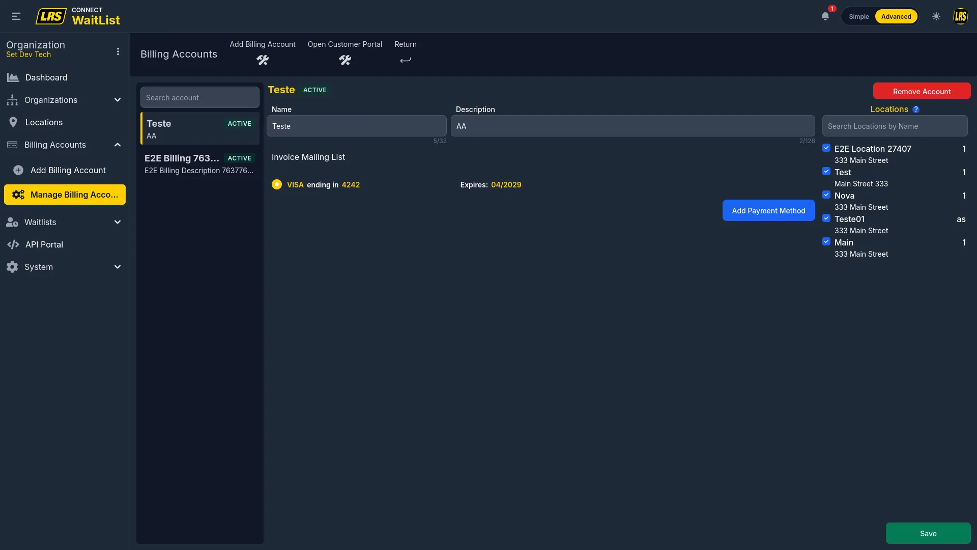 Billing Accounts page with account list on left and detail panel with card info and location checkboxes on right