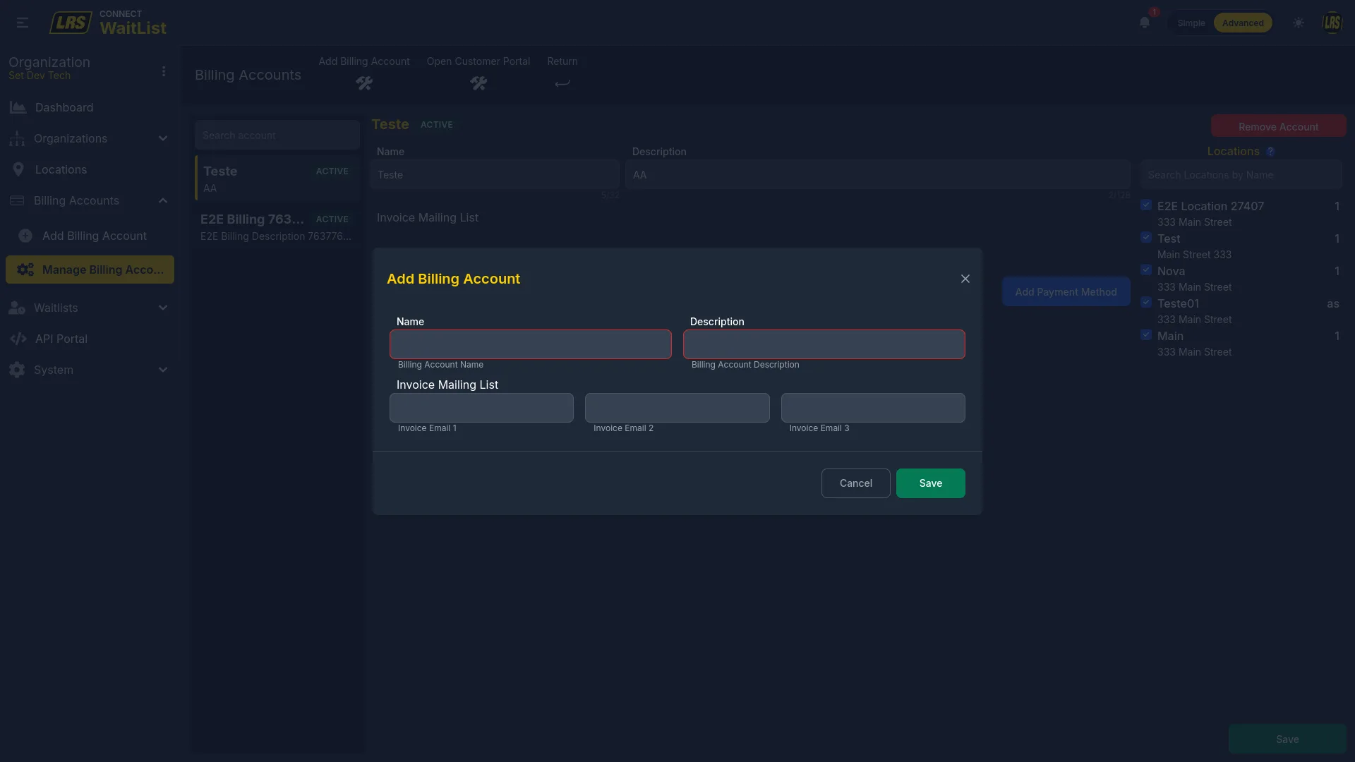 Add Billing Account modal with Name, Description, and Invoice Email 1/2/3 fields