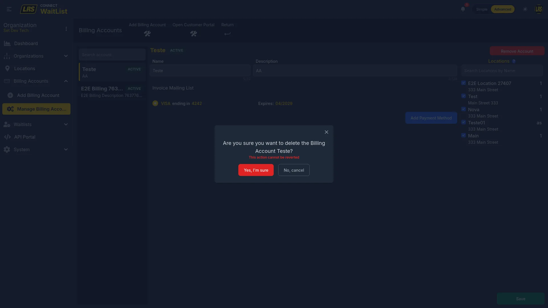 Remove billing account confirmation modal