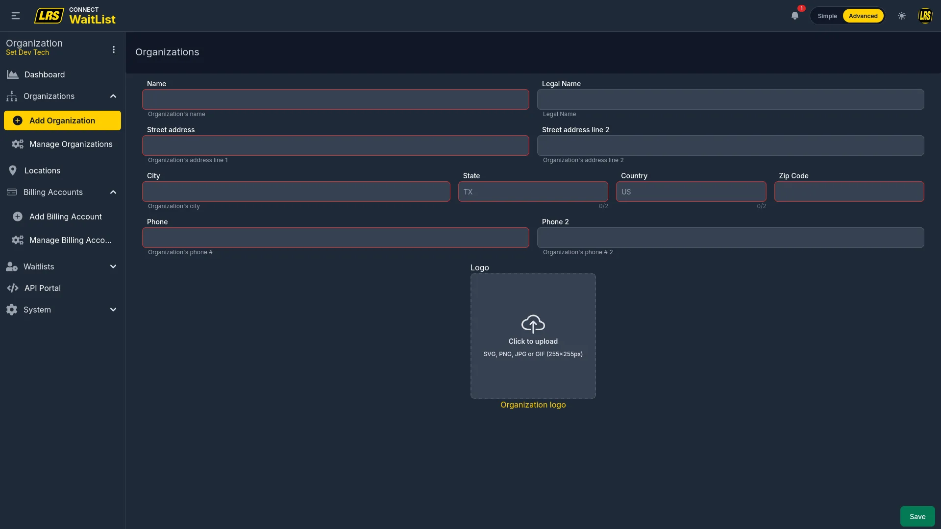 Add Organization form with Name, Legal Name, address fields, Phone, Phone 2, and Logo upload