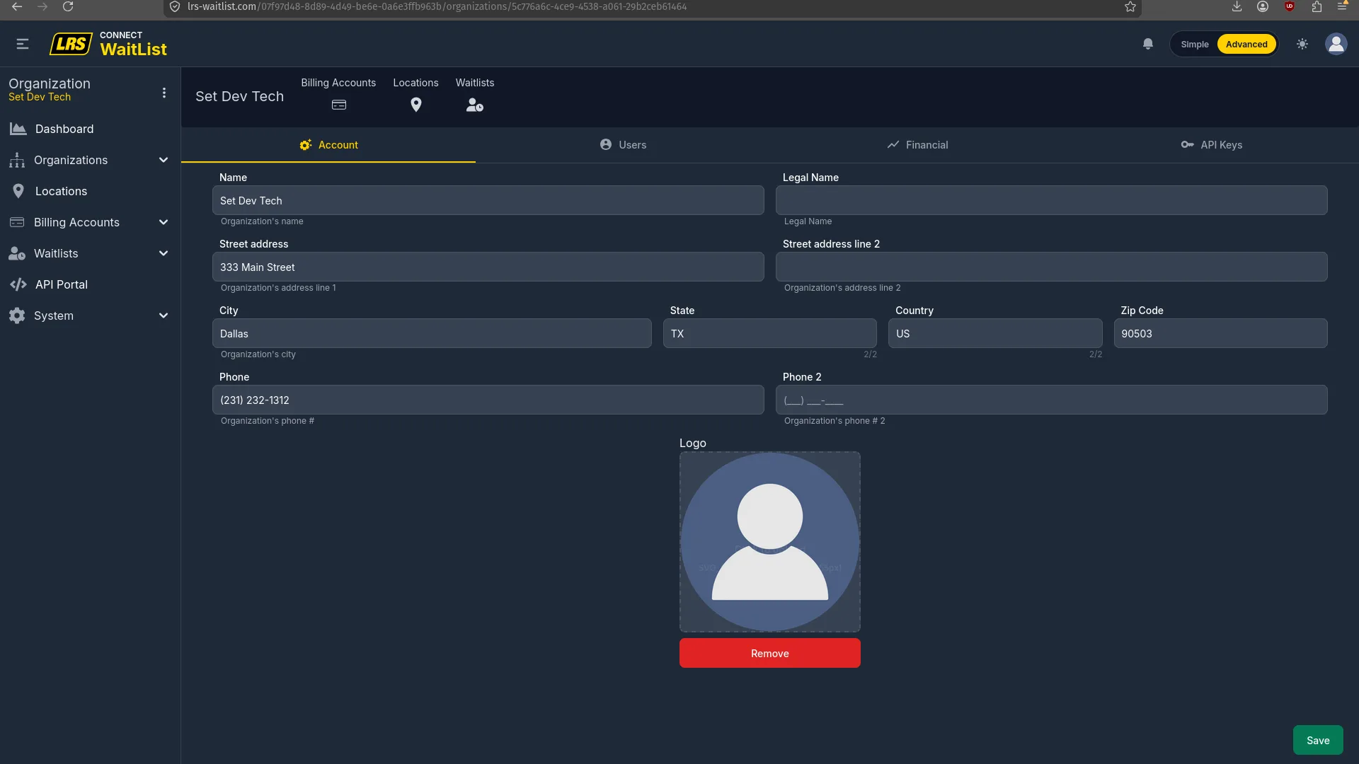 Edit Organization Account tab with logo and shortcuts for Billing Accounts, Locations, and Waitlists