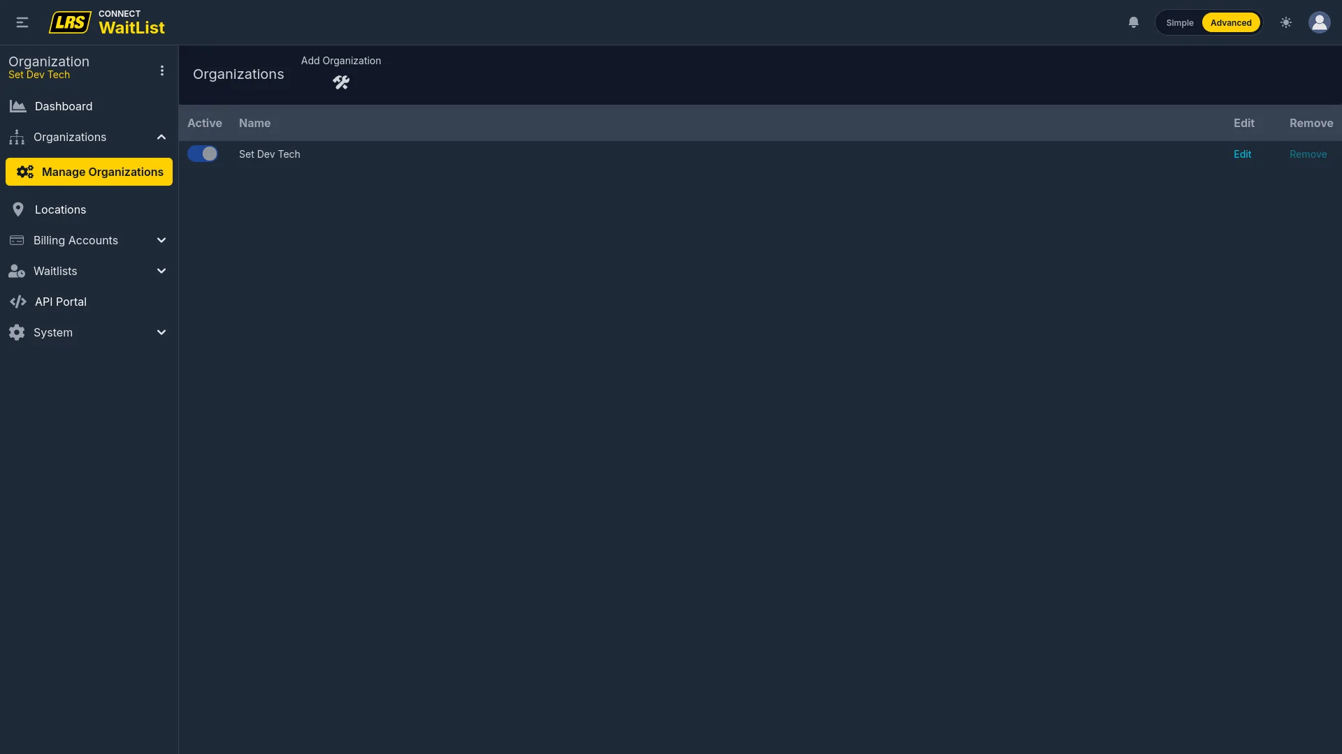 Manage Organizations list with Active toggle, Name, Edit, and Remove per row