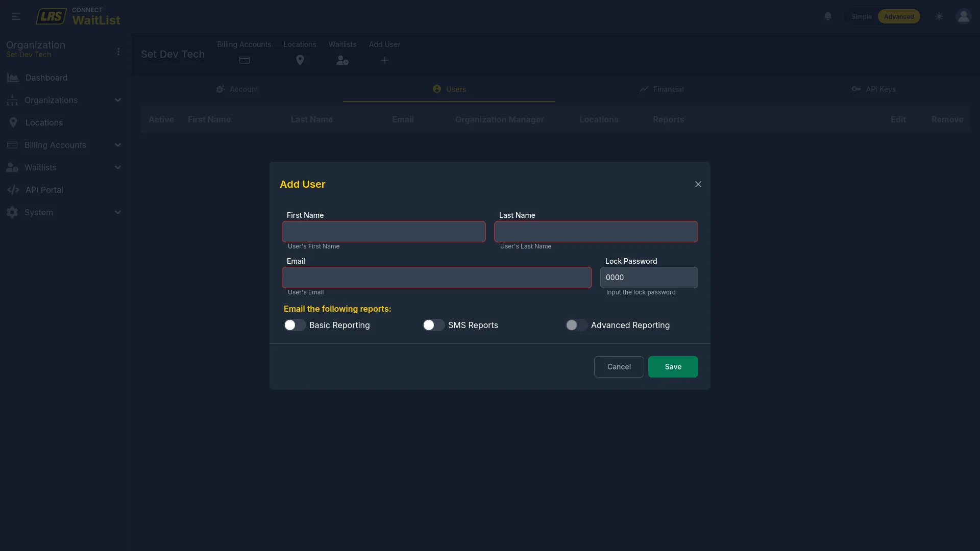 Add User modal at org level with First Name, Last Name, Email, Lock Password, and report toggles
