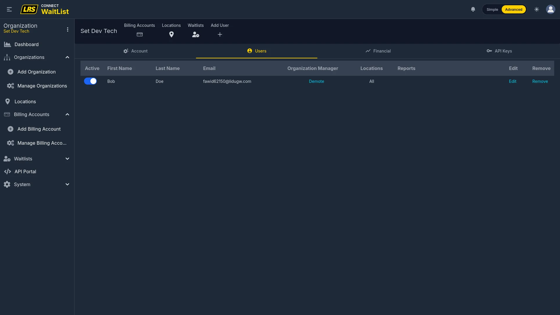 Organization Users tab with Active, Name, Email, Organization Manager action, Locations, Reports, Edit, and Remove columns