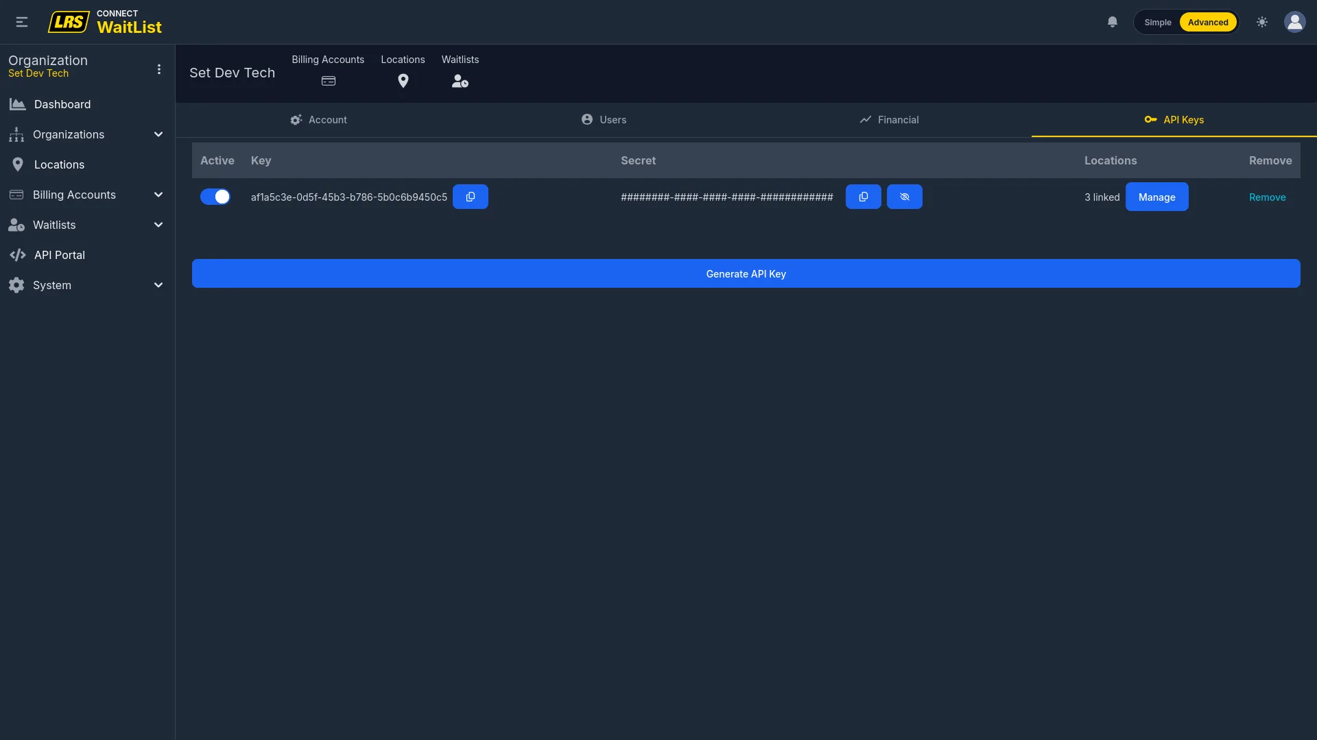 API Keys tab with one active key row showing Active toggle, Key ID, masked Secret, Locations count, Manage, Remove, and a Generate API Key button