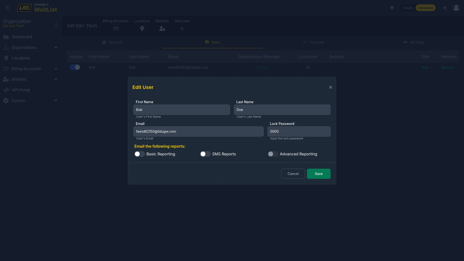Edit User modal at org level with existing values