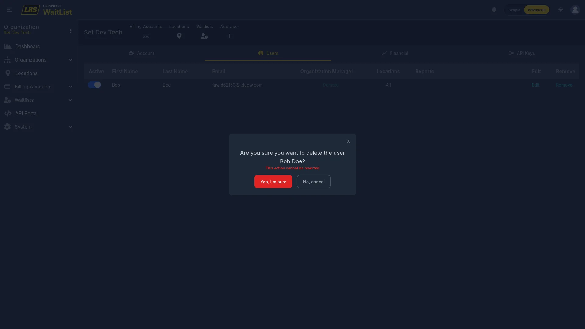 Remove user from organization confirmation with This action cannot be reverted warning
