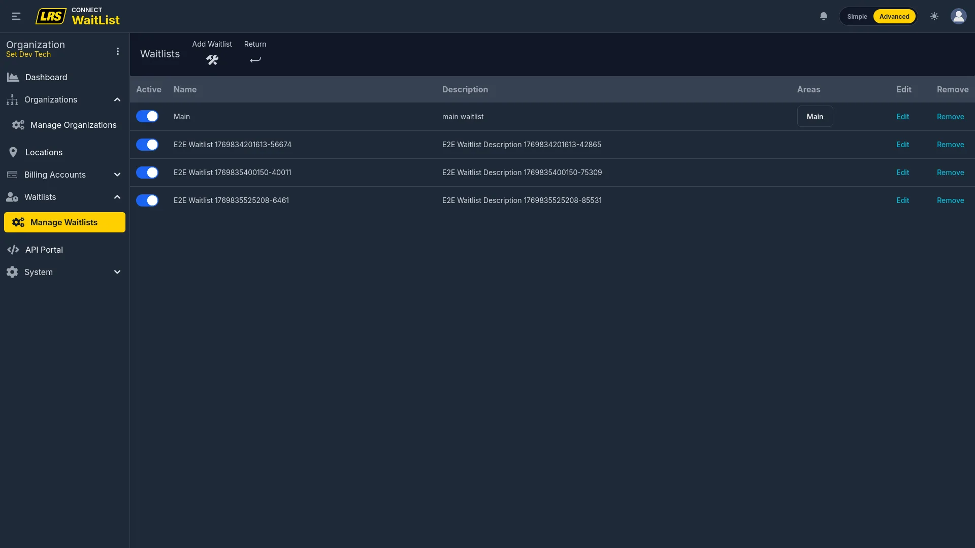 Waitlists list with Active toggle, Name, Description, Areas badges, Edit, Remove per row