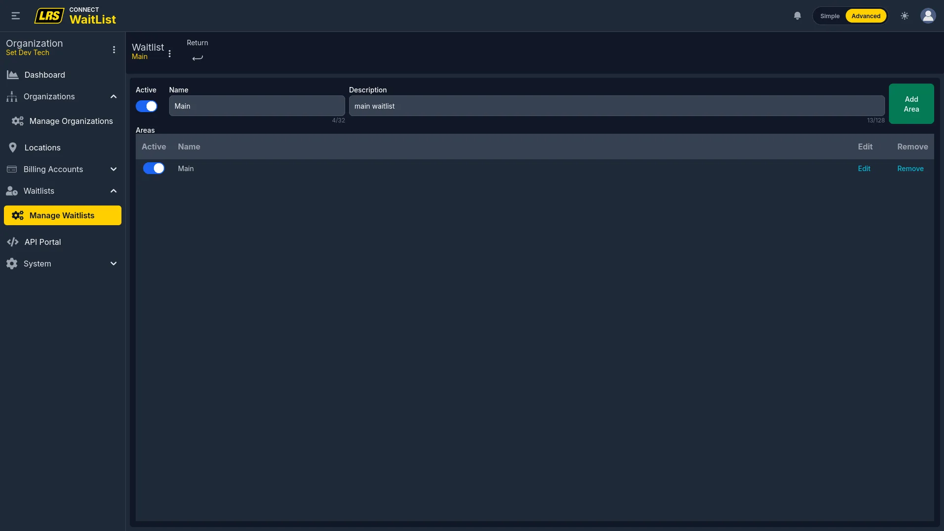 Waitlist detail with Name, Description fields and an Areas table with Active, Name, Edit, Remove per area