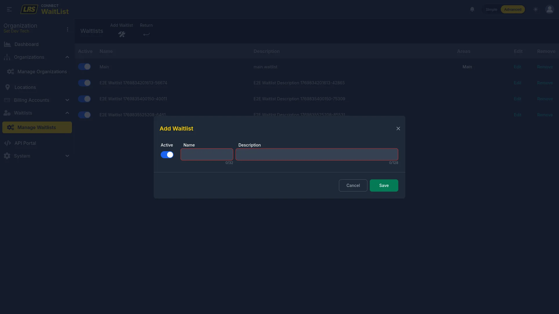 Add Waitlist modal with Active toggle, Name, and Description fields