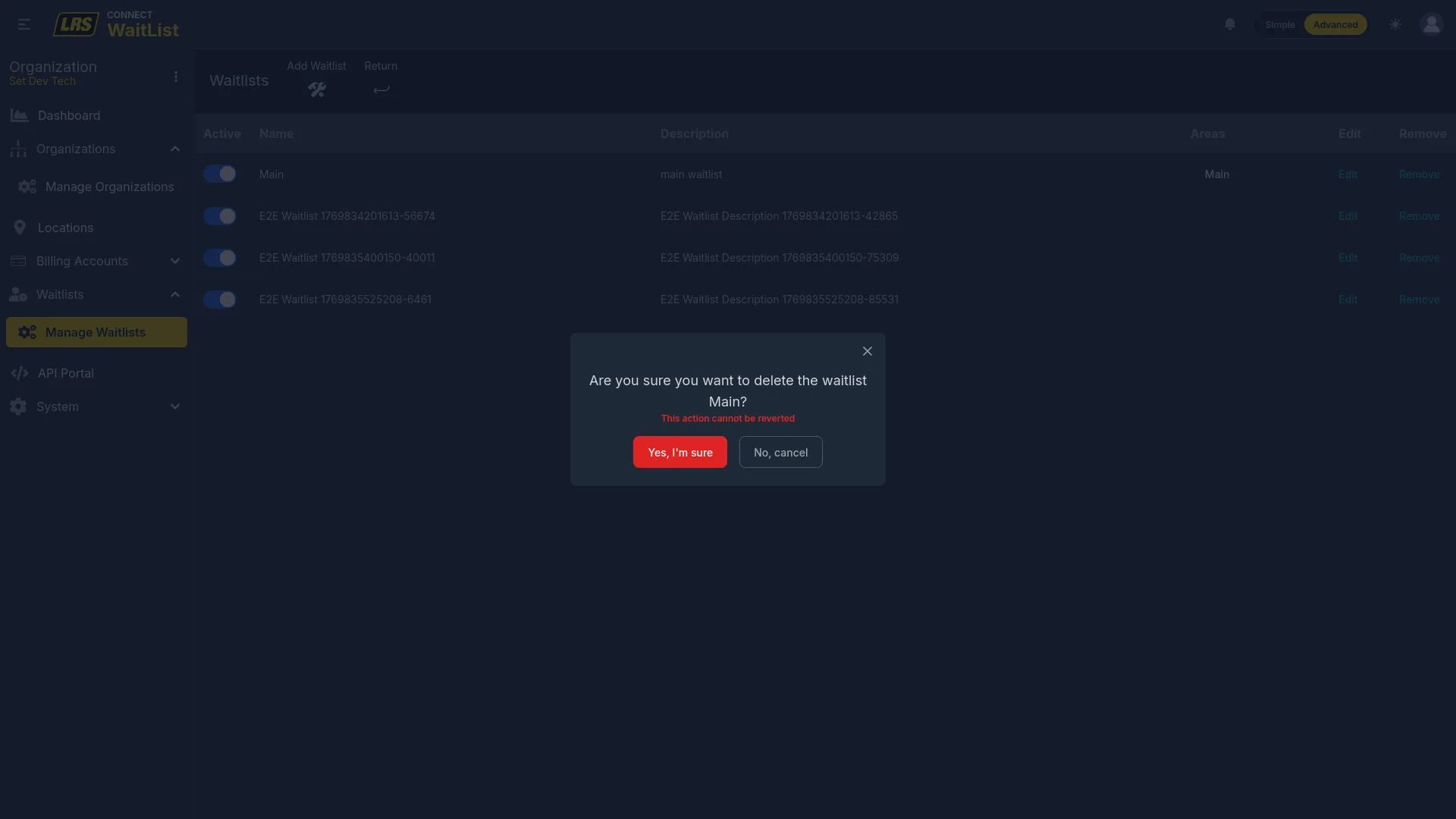 Remove Waitlist confirmation modal