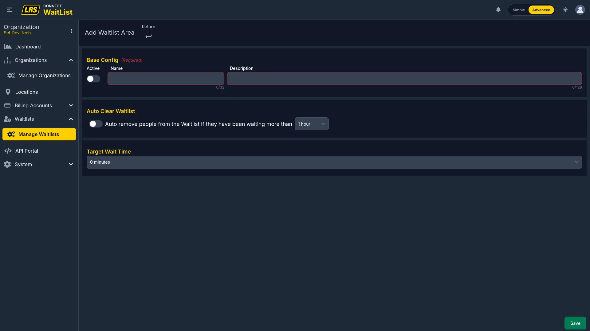 Add Waitlist Area form with Base Config section