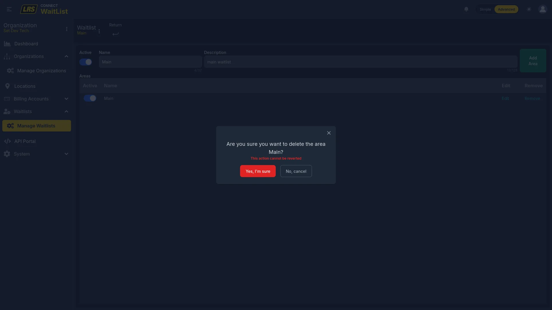 Remove area confirmation modal