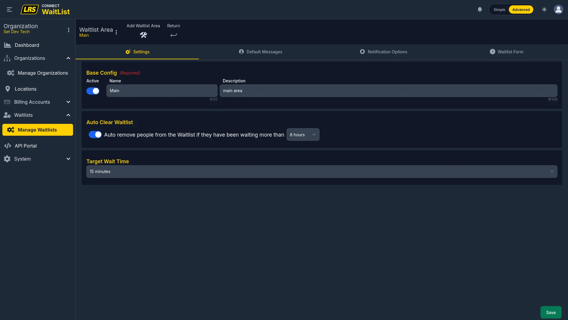 Waitlist Area Settings tab at org level with Active, Name, Description, Auto Clear 6 hours, Target Wait Time 15 min