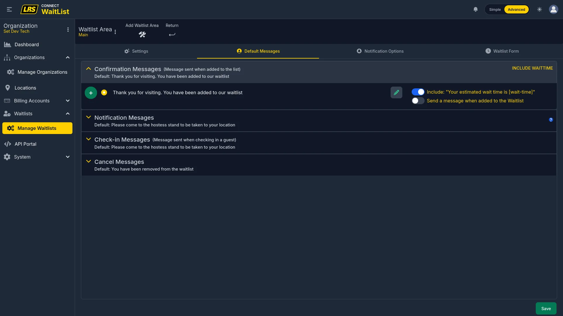 Default Messages tab at org level with Confirmation, Notification, Check-in, and Cancel sections