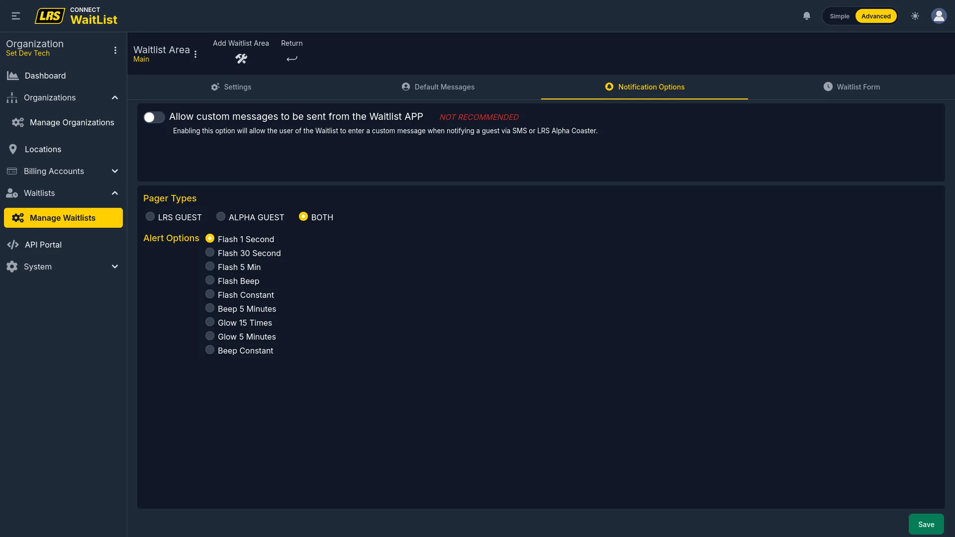 Notification Options tab at org level with custom messages toggle, Pager Types, and Alert Options