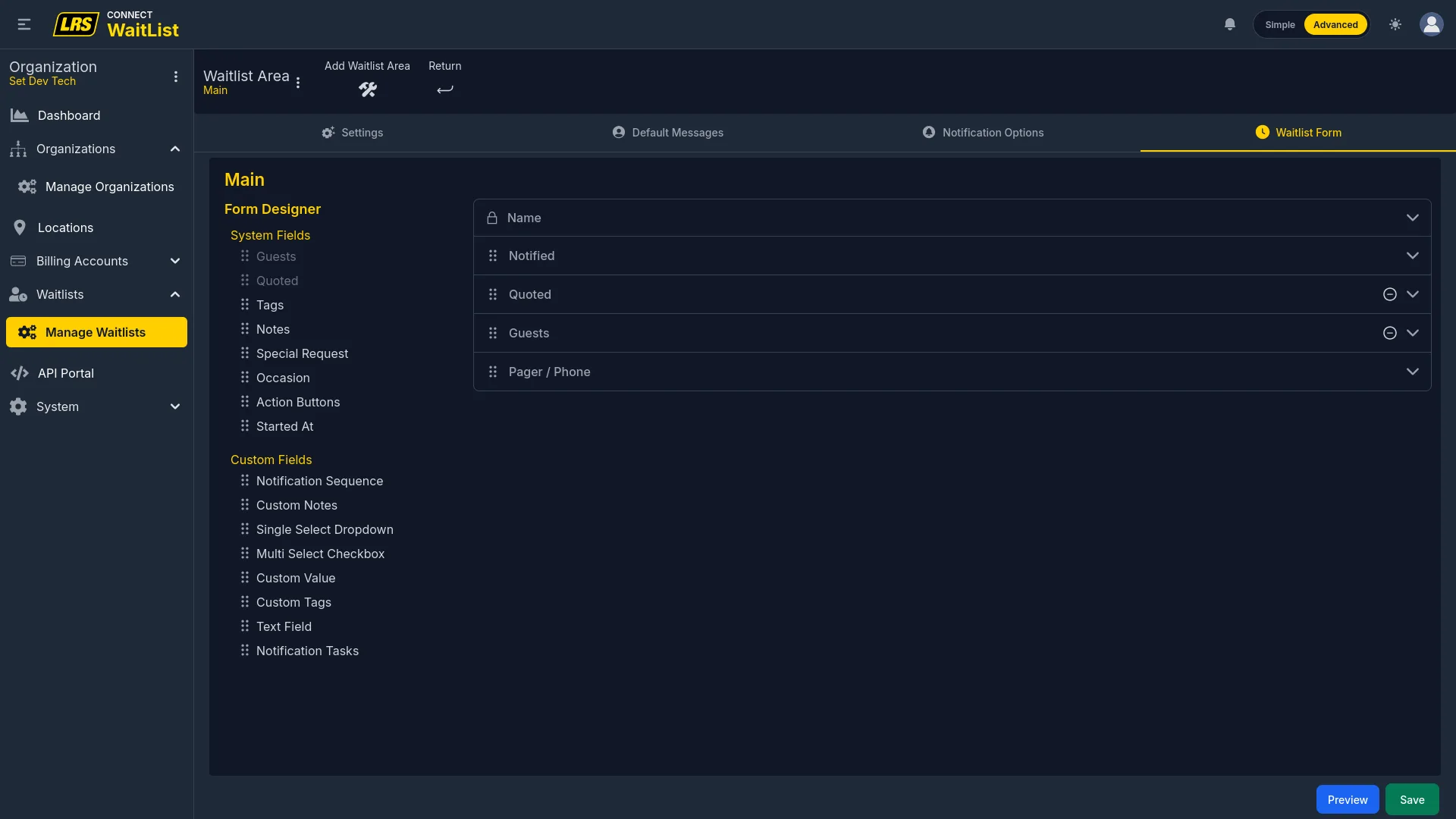 Waitlist Form tab at org level showing System and Custom field palette with active fields on the right