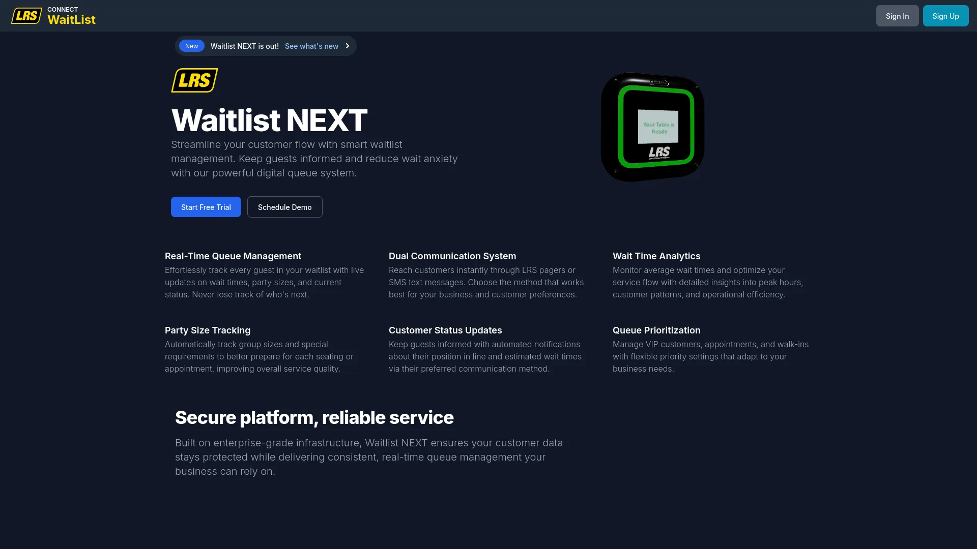 LRS Waitlist NEXT landing page with Sign In and Sign Up buttons and feature highlights