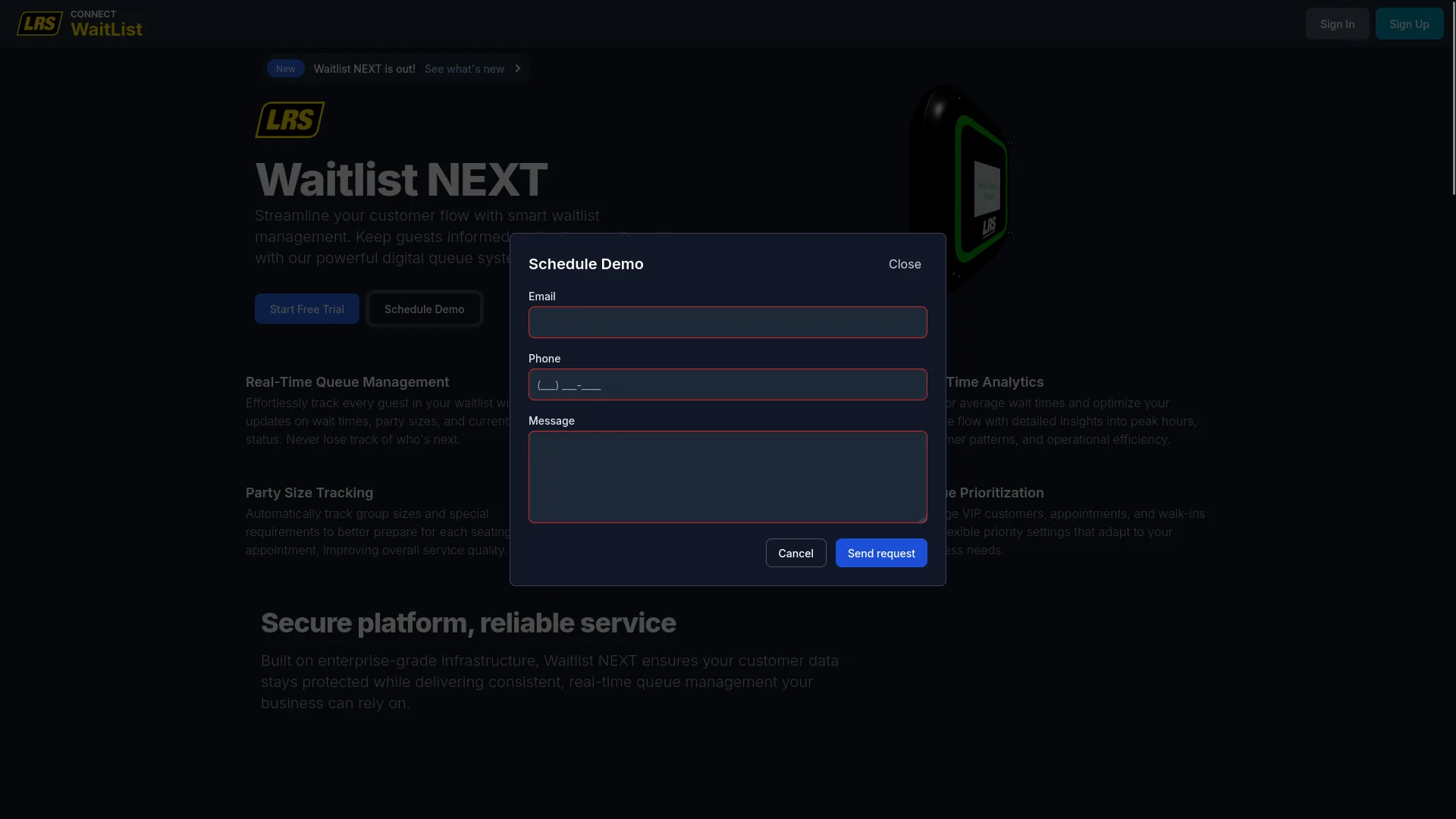 Schedule Demo modal with Email, Phone, and Message fields