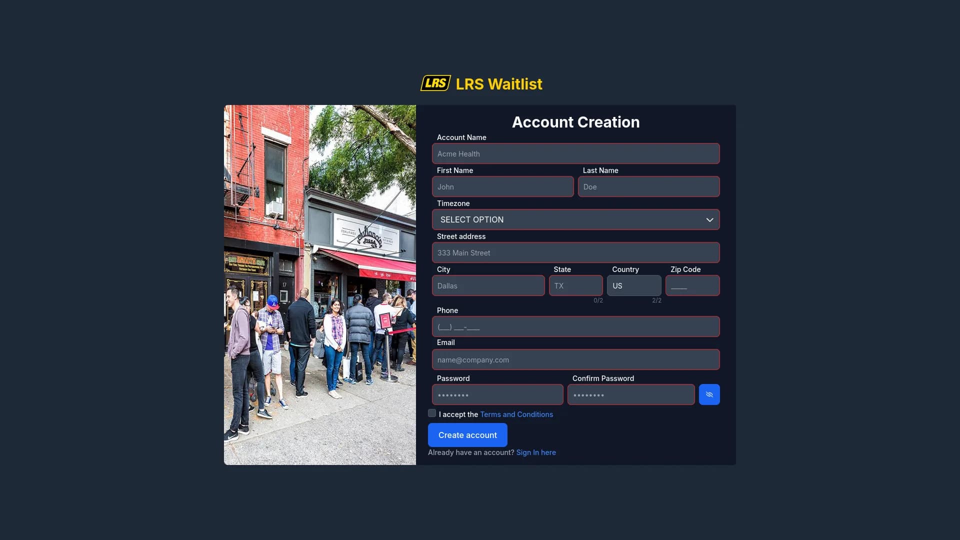Account Creation form with Account Name, First Name, Last Name, Timezone, Address, Phone, Email, and Password fields