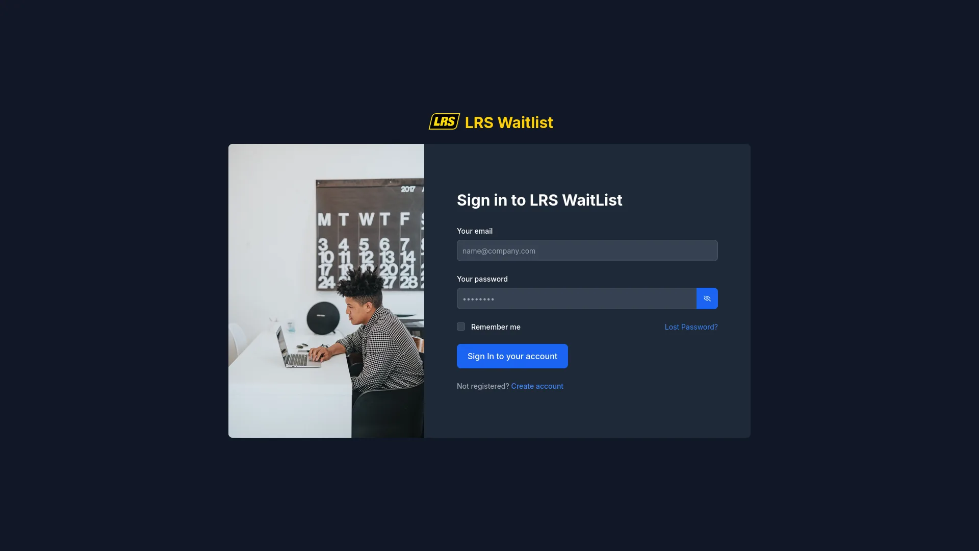Dashboard sign-in screen with email, password, Remember me checkbox, and Lost Password link