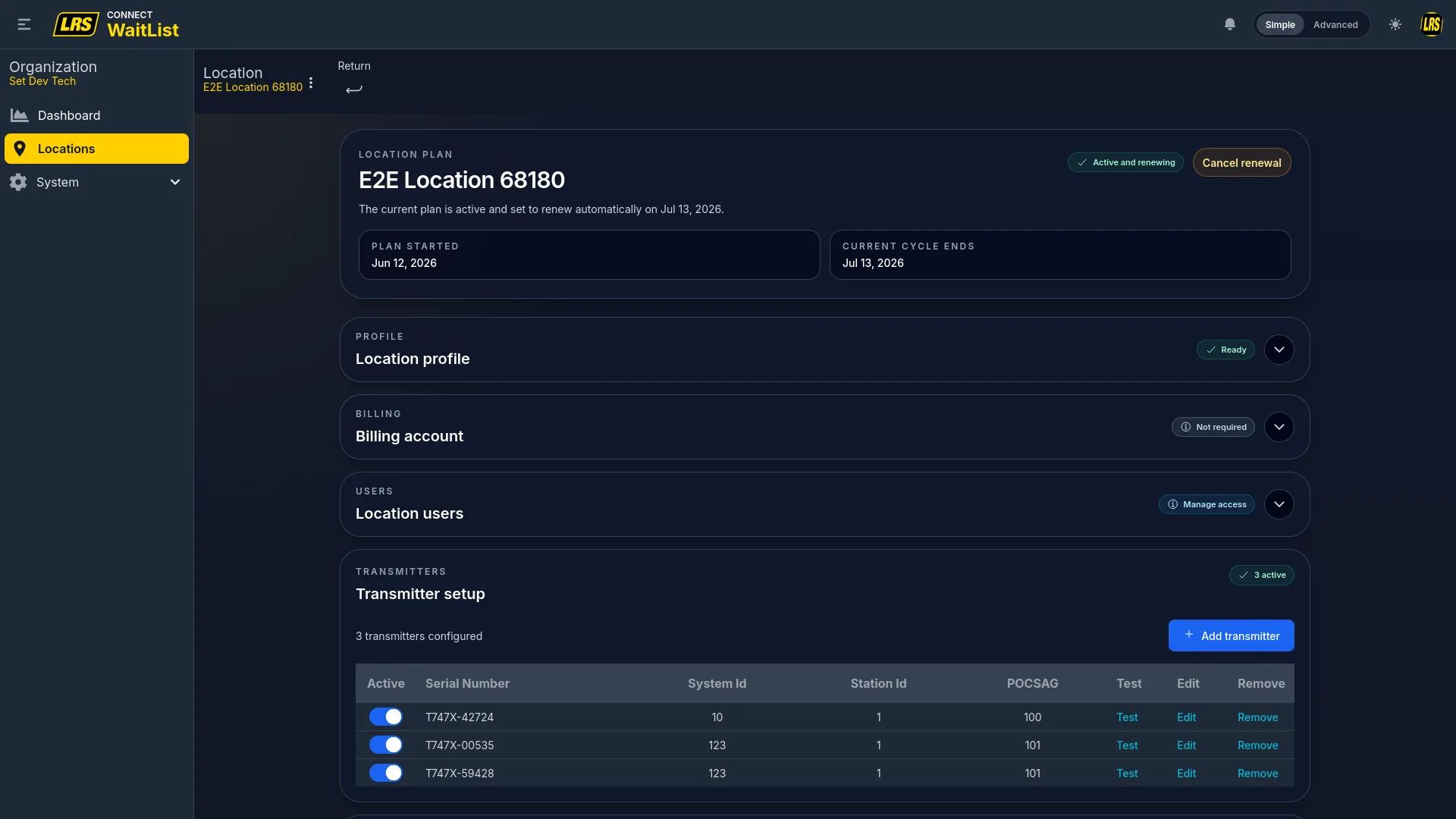 Simple-mode Manage page with plan status, collapsible Profile, Billing, and Users sections, plus Transmitter and Guestlist setup