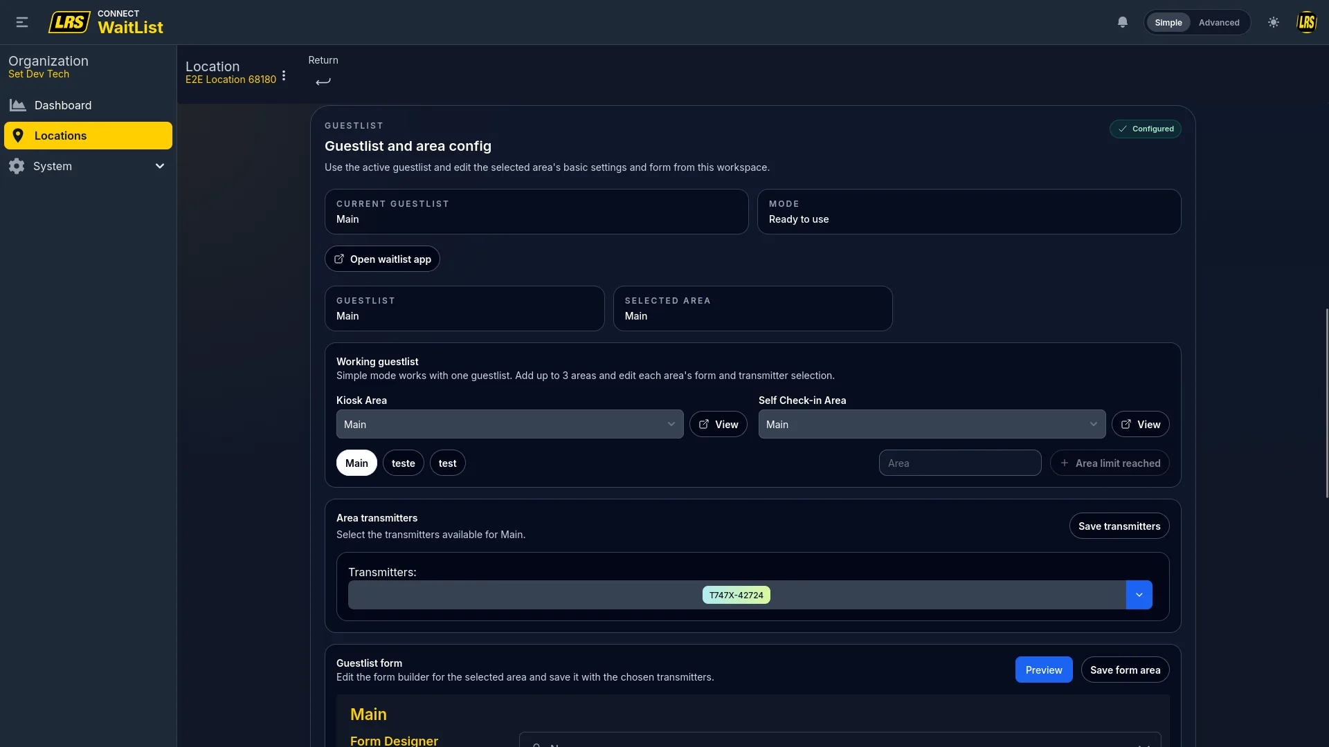 Guestlist workspace in simple mode showing current guestlist, mode status, Open waitlist app button, Kiosk Area and Self Check-in Area dropdowns each with a View button, area selector chips, area transmitter picker, and embedded Form Designer