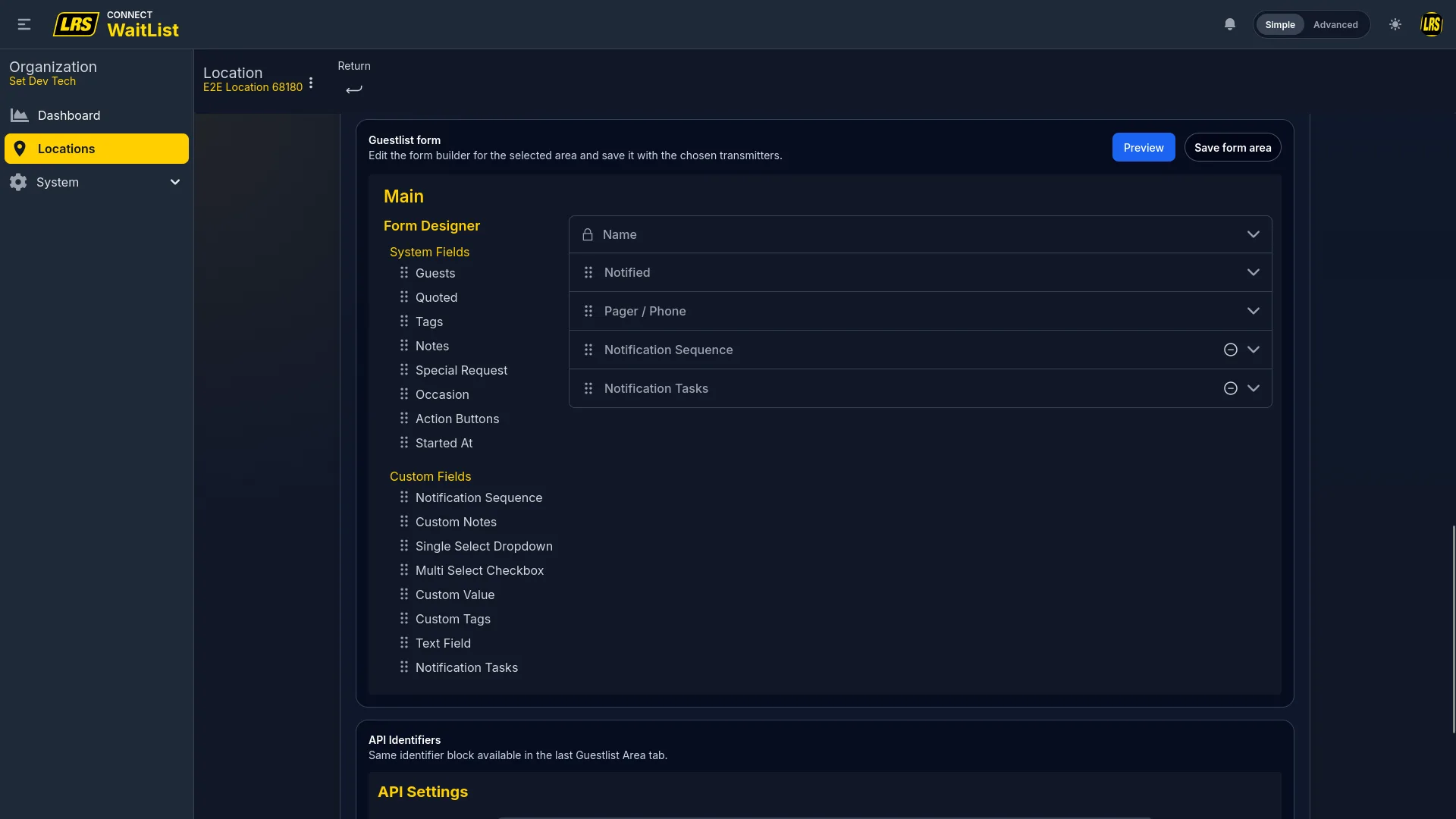 Guestlist Form designer showing field palette on left and active fields on right including Name, Notified, Pager/Phone, Notification Sequence, and Notification Tasks
