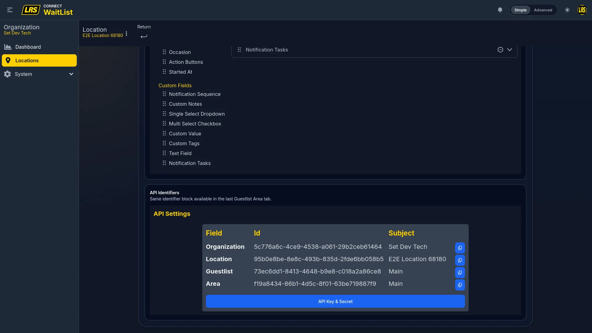 API Identifiers section below the form designer showing Organization, Location, Guestlist, and Area UUID blocks
