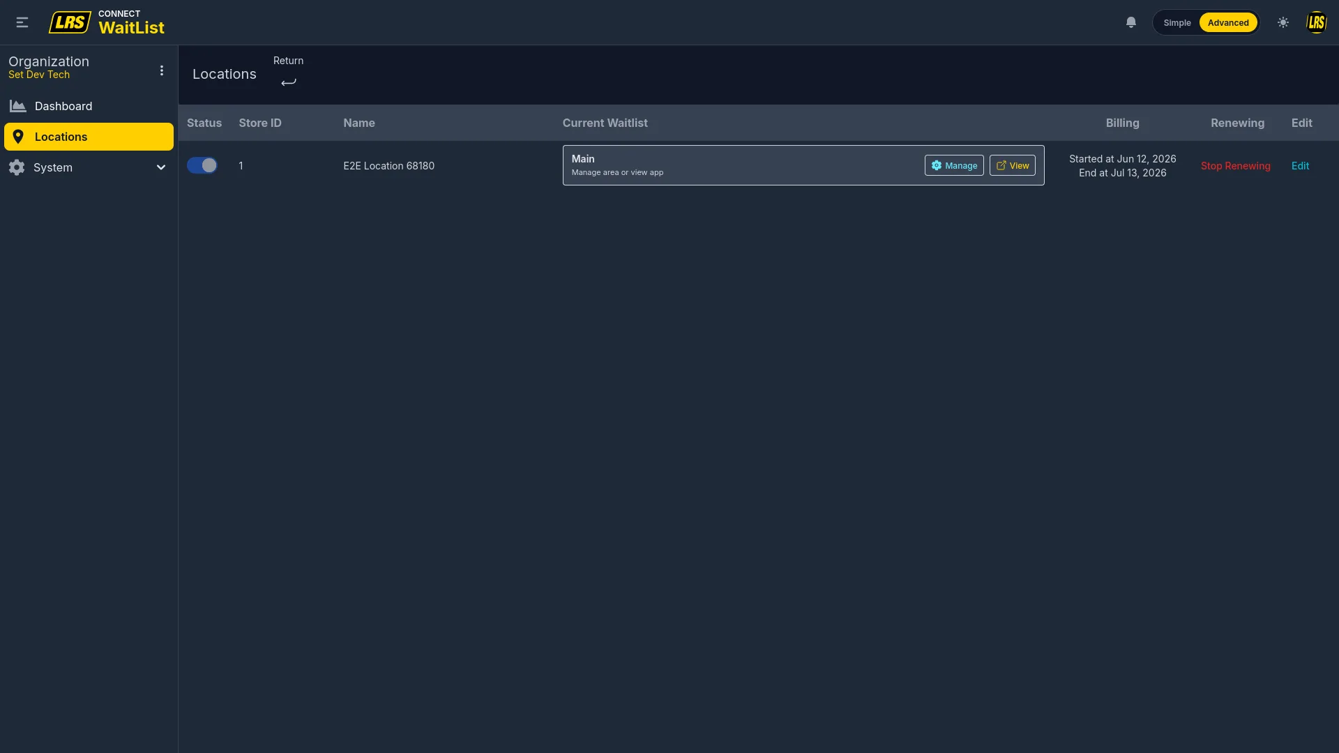 Locations list in advanced mode with Status, Store ID, Name, Current Waitlist, Billing, Renewing, and Edit columns