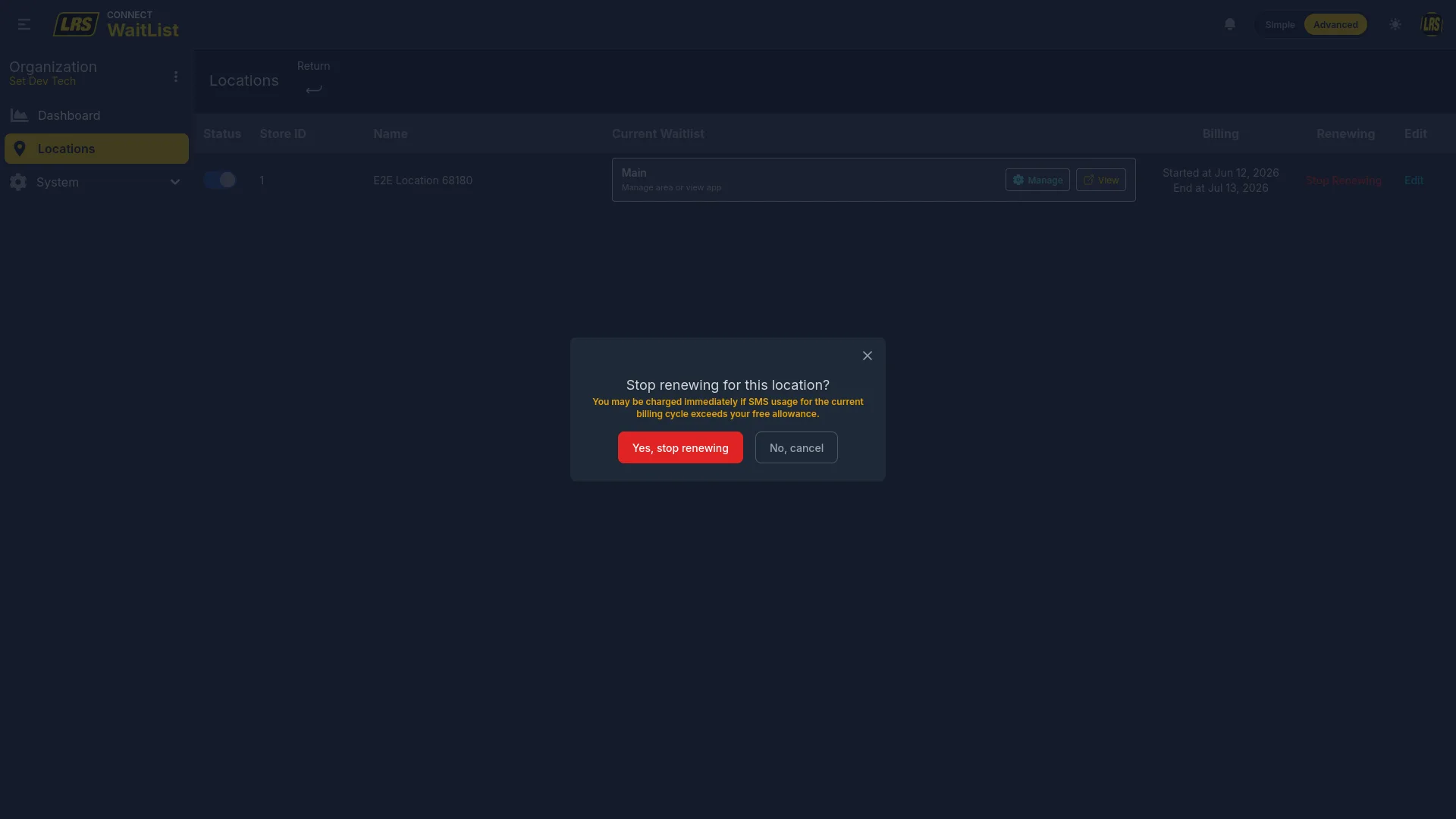 Stop renewing for this location confirmation modal with warning that SMS charges may still apply