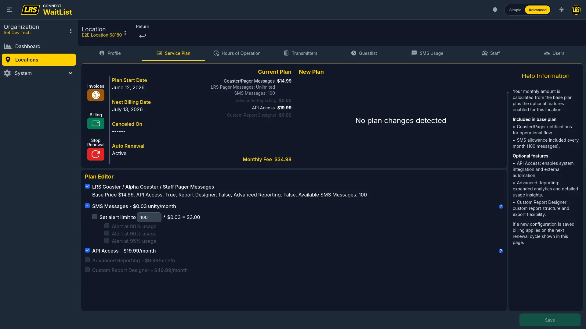 Service Plan tab with Invoices, Billing, and Stop Renewal shortcuts, plan cycle dates, Current Plan vs New Plan comparison, Plan Editor with add-on checkboxes, and Help Information panel