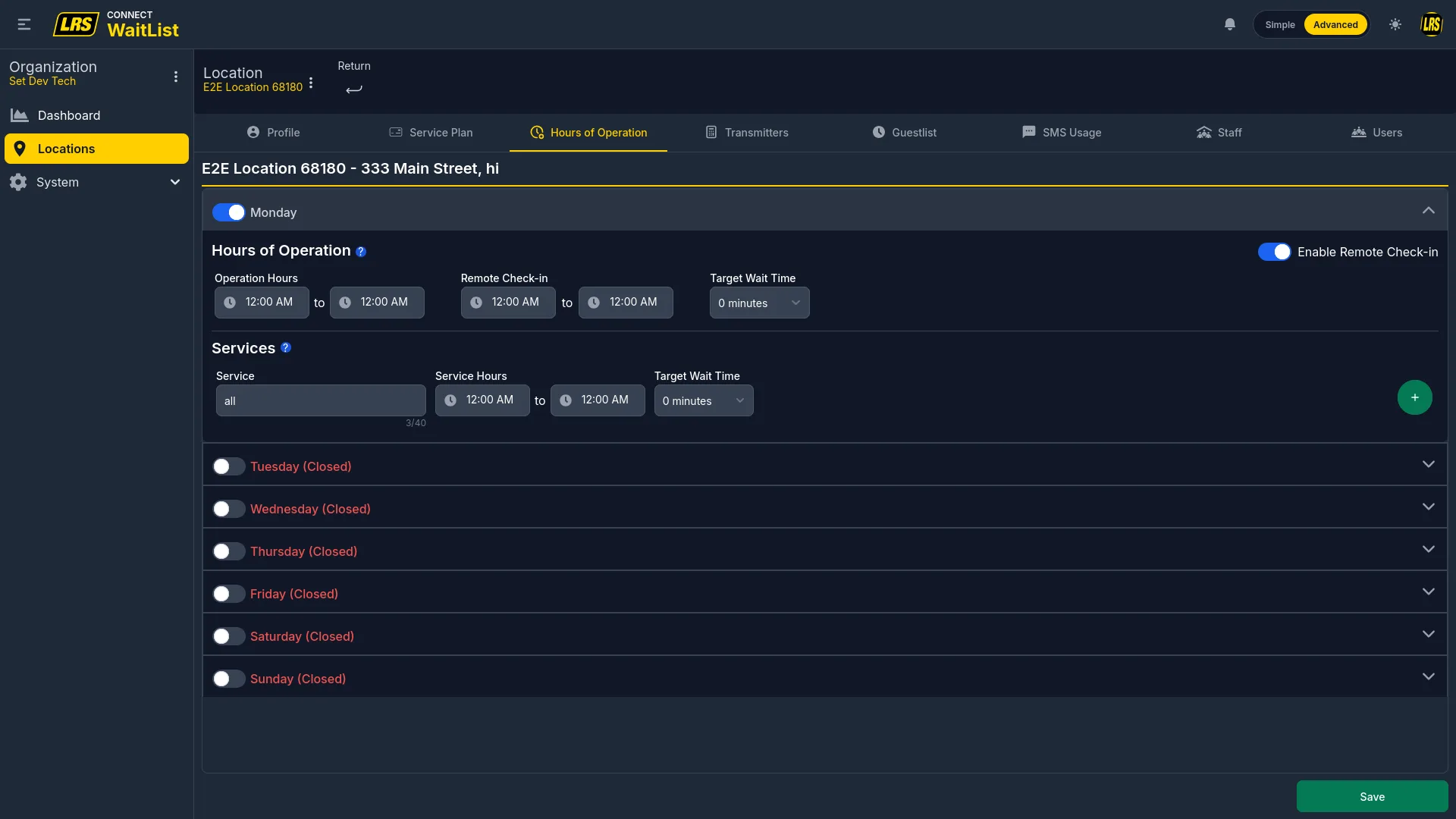 Hours of Operation with Monday expanded showing Operation Hours time range, Remote Check-in time range, Enable Remote Check-in toggle, Target Wait Time, and a Services section with Service name, Service Hours, and Target Wait Time per service