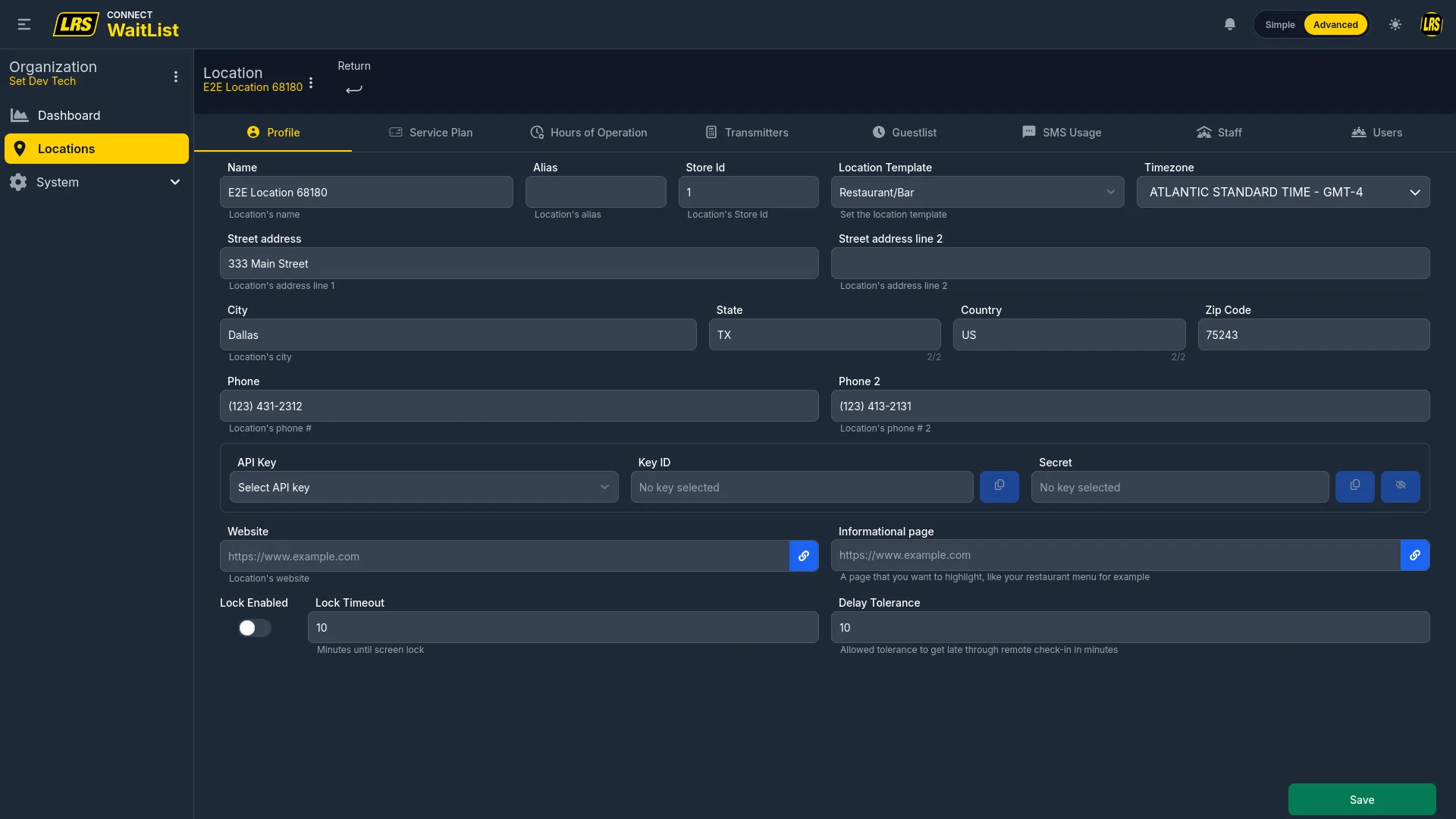 Profile tab with Name, Alias, Store ID, Location Template, Timezone, Address, Phone, Phone 2, API Key with Key ID and Secret, Website, Informational page, Lock Enabled, Lock Timeout, and Delay Tolerance