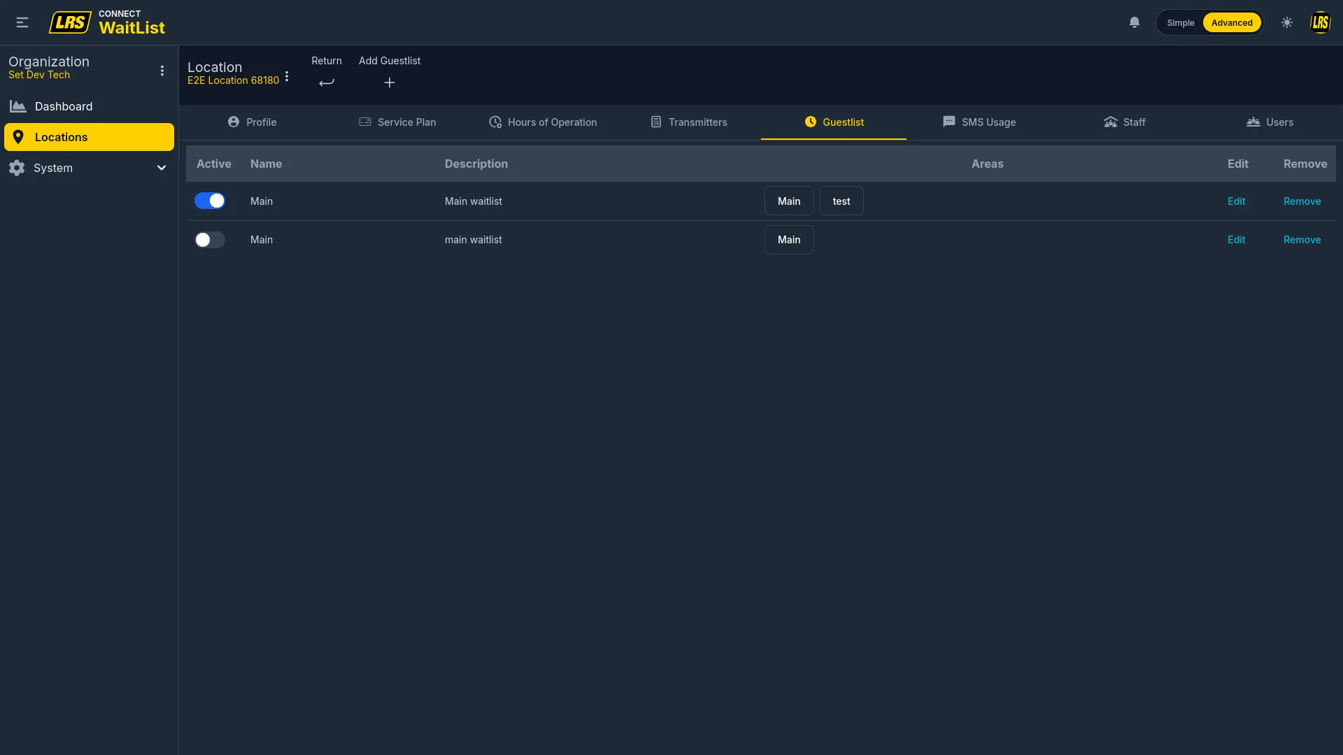 Location Guestlist tab listing two waitlists with Active toggle, Name, Description, area name chips, Edit, Remove