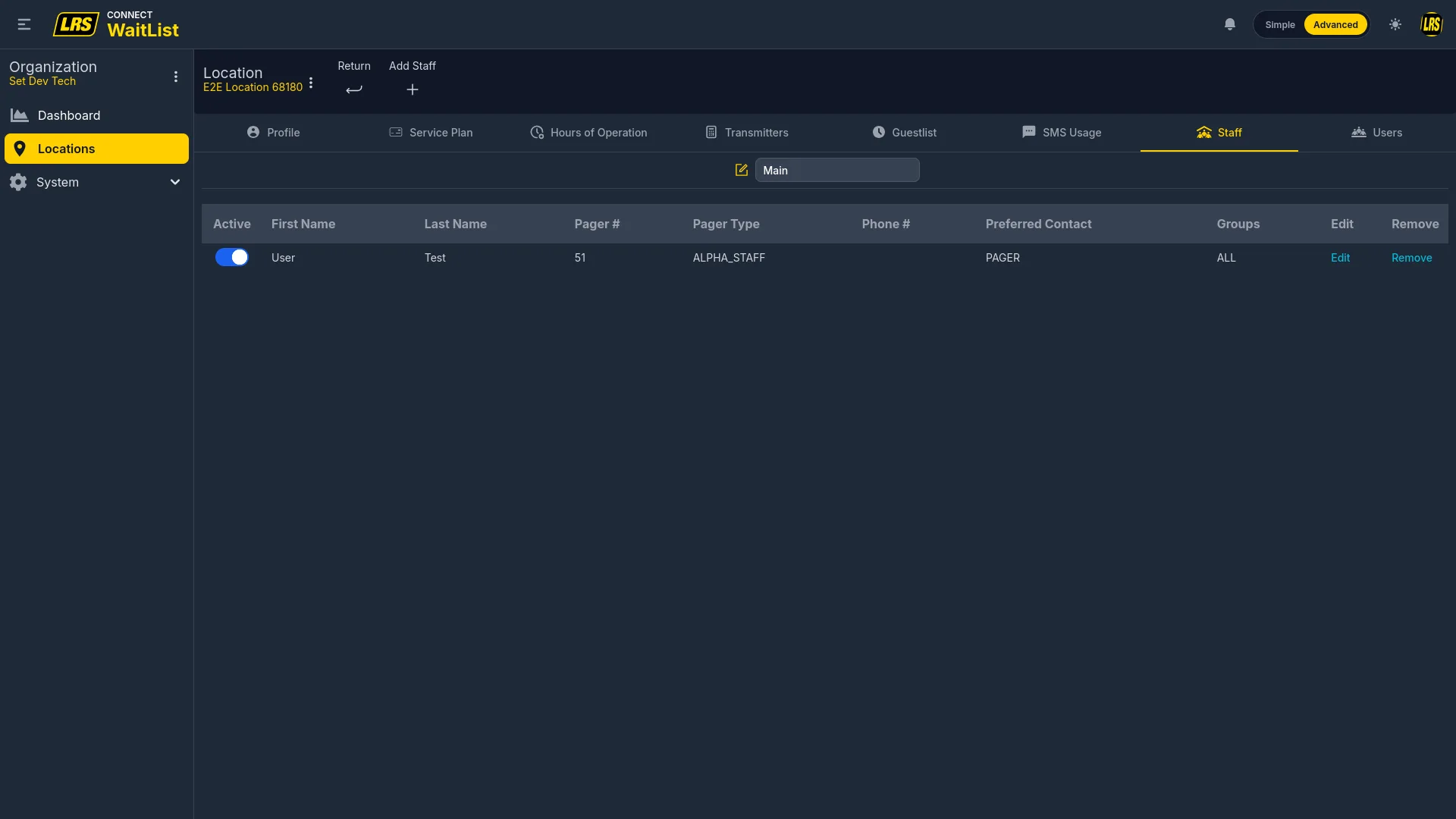 Staff tab with waitlist selector and table of Active, Name, Pager #, Pager Type, Phone #, Preferred Contact, Groups, Edit, Remove