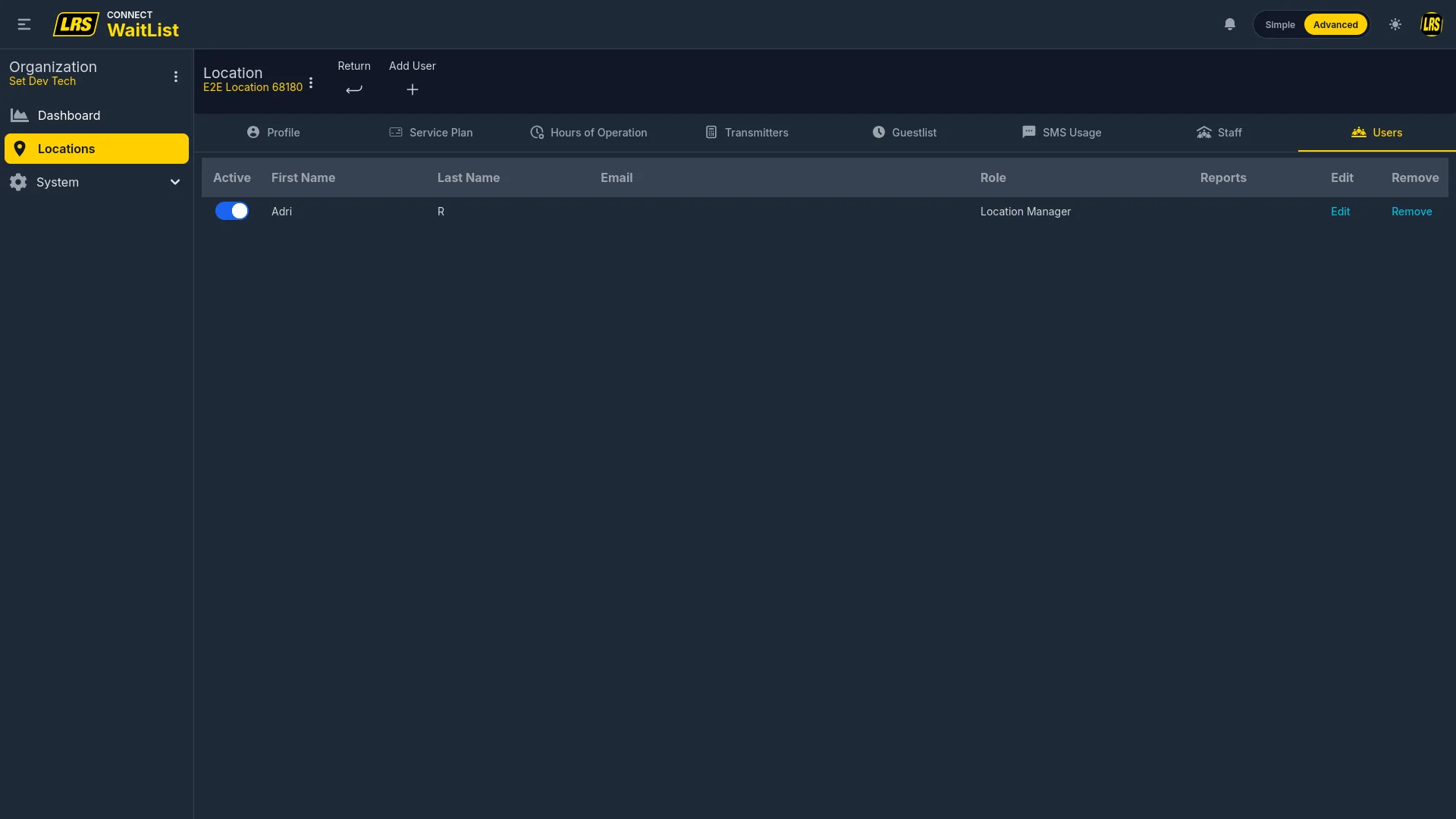 Location Users tab with Active, First Name, Last Name, Email, Role, Reports, Edit, Remove