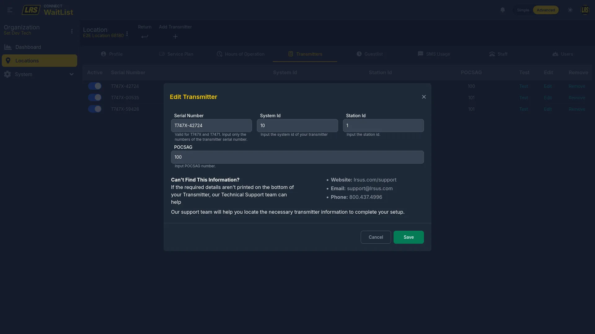 Edit Transmitter modal with fields pre-filled