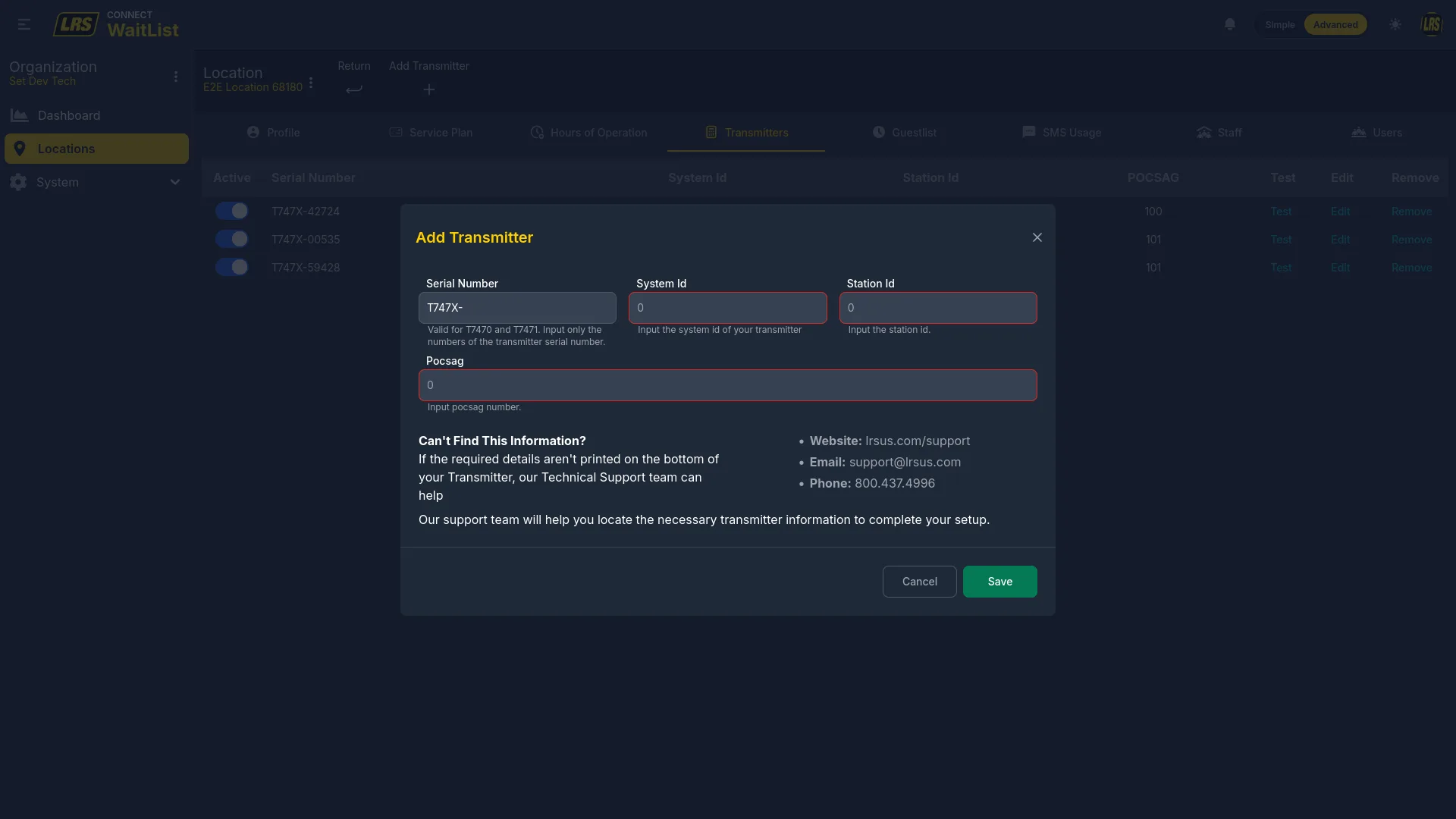Add Transmitter modal with Serial Number, System Id, Station Id, and Pocsag fields