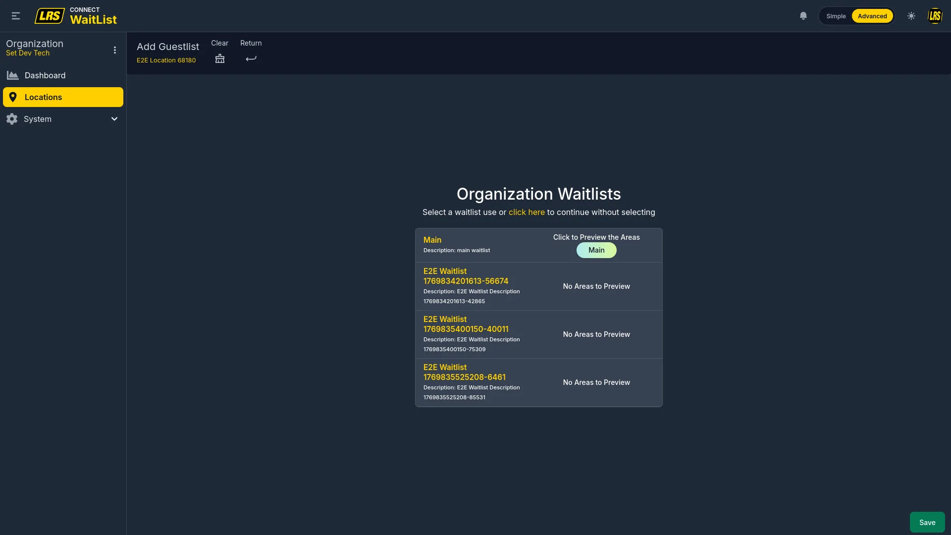 Add Guestlist flow showing organization waitlists to choose from with area badges