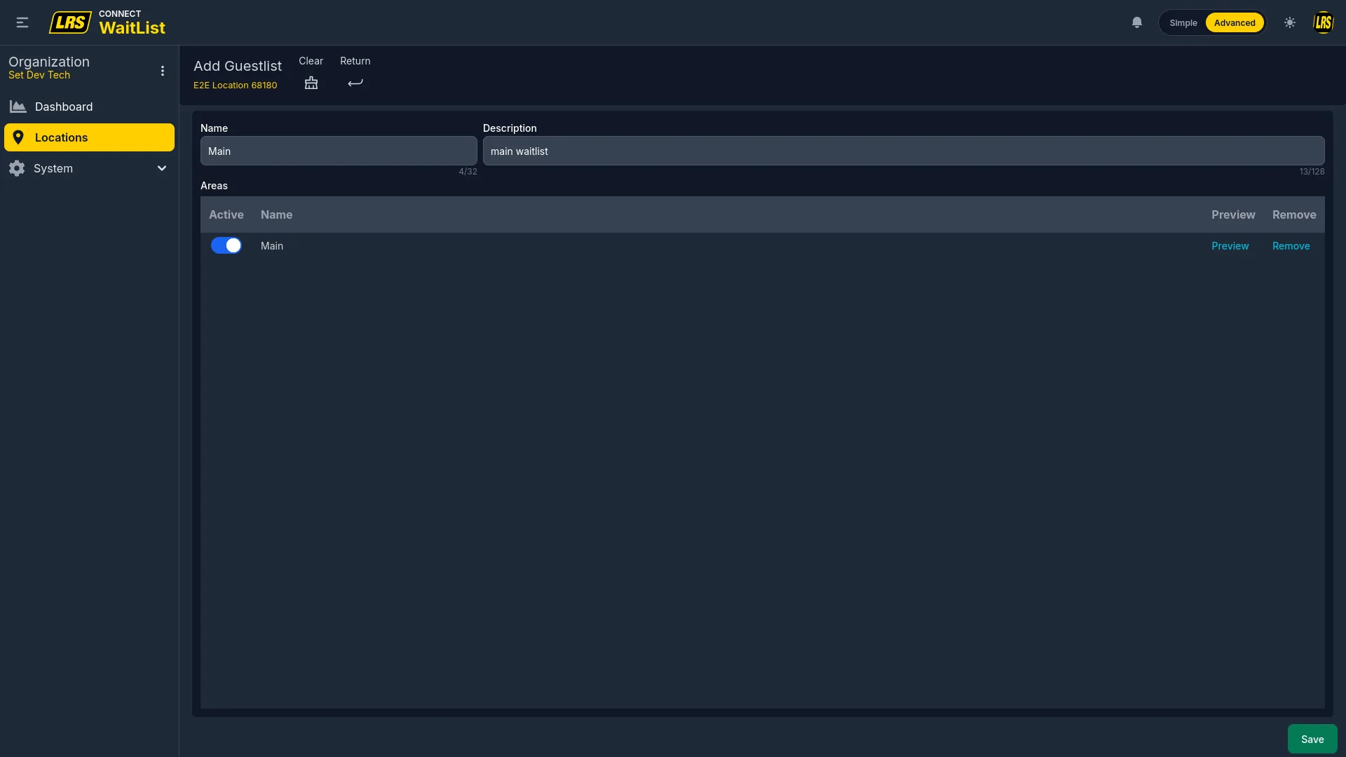 Add Guestlist form filled with Name and Description and an areas preview table